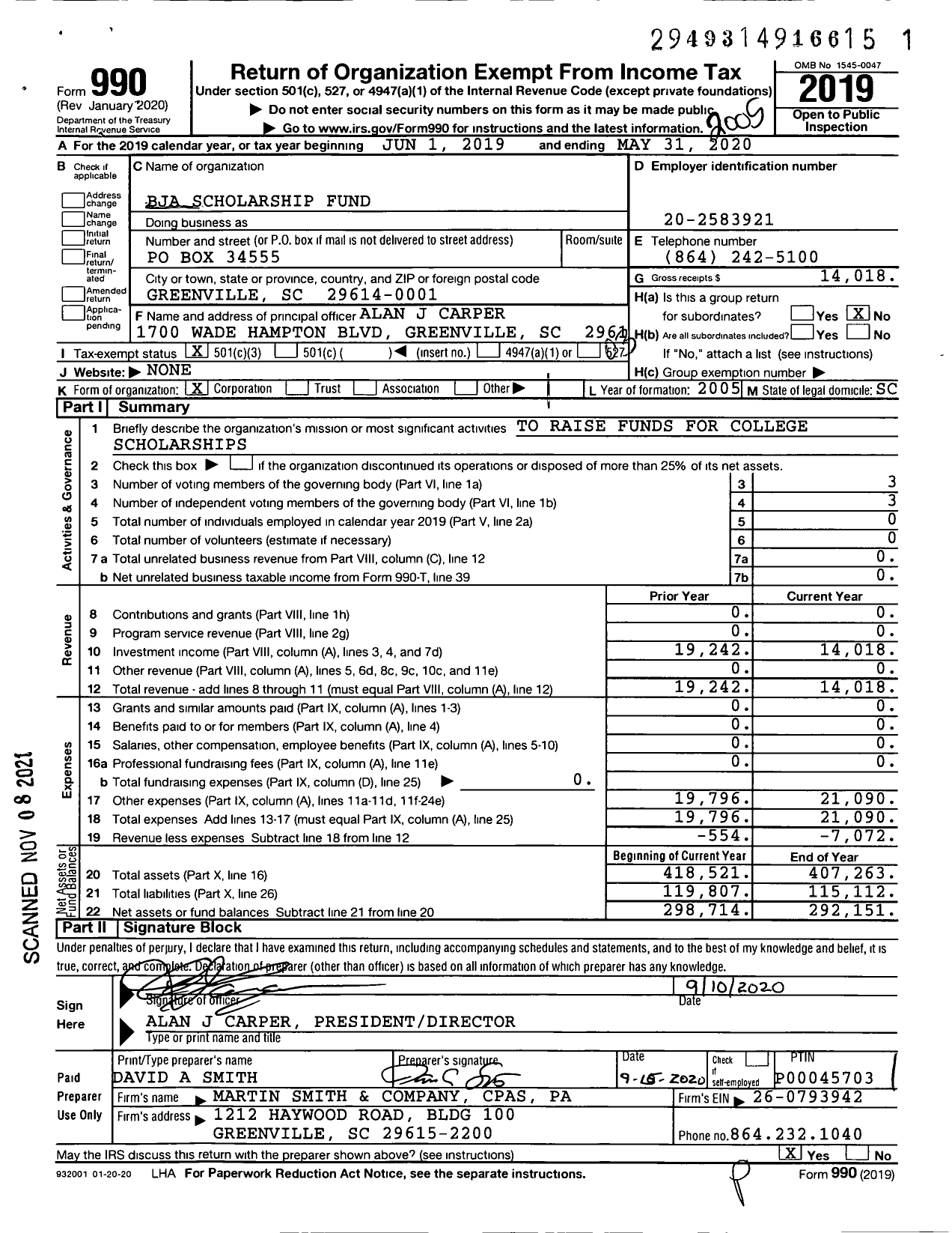 Image of first page of 2019 Form 990 for Bju Scholarship Fund