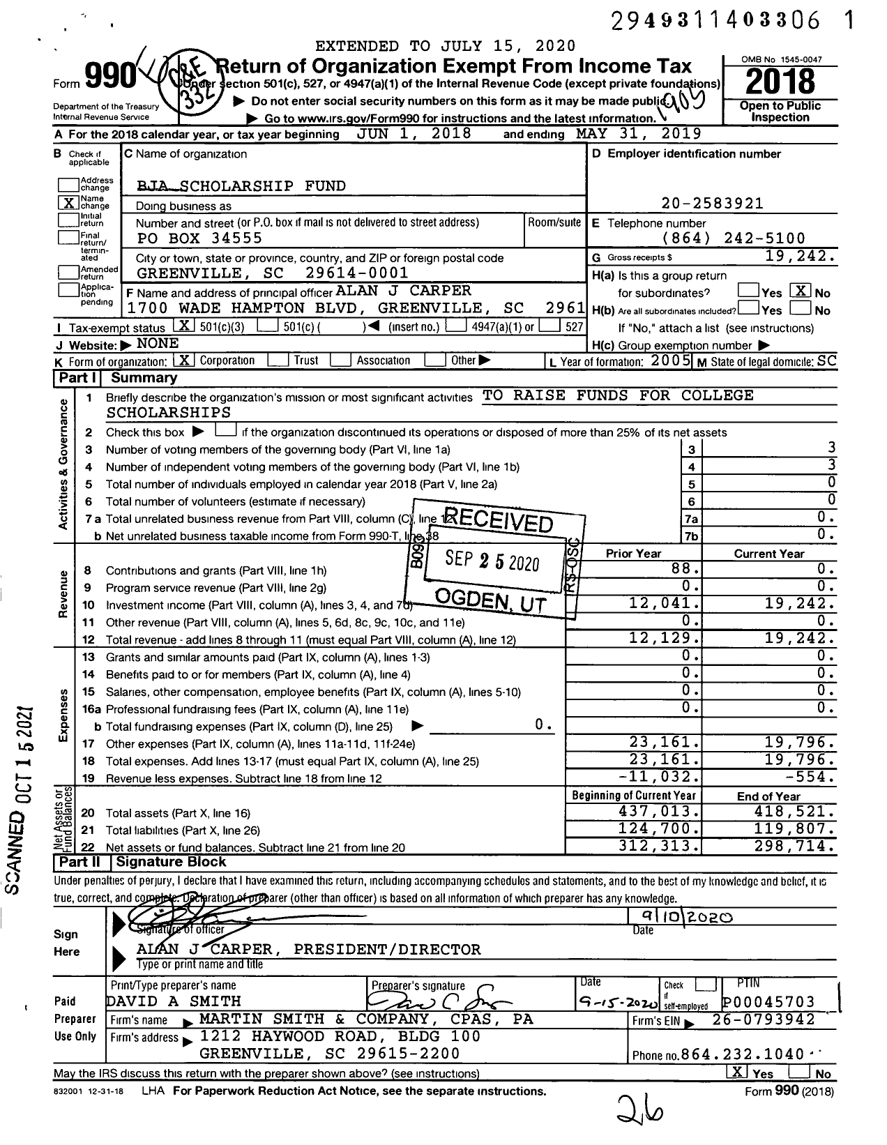 Image of first page of 2018 Form 990 for Bju Scholarship Fund