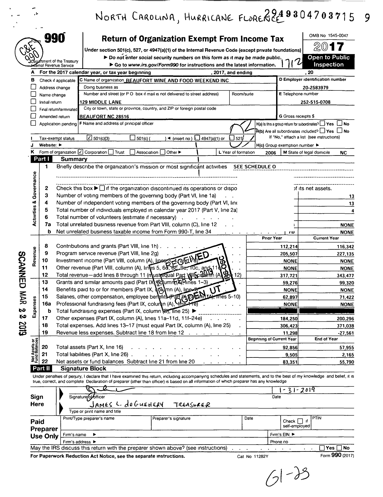 Image of first page of 2017 Form 990 for Beaufort Wine and Food Weekend