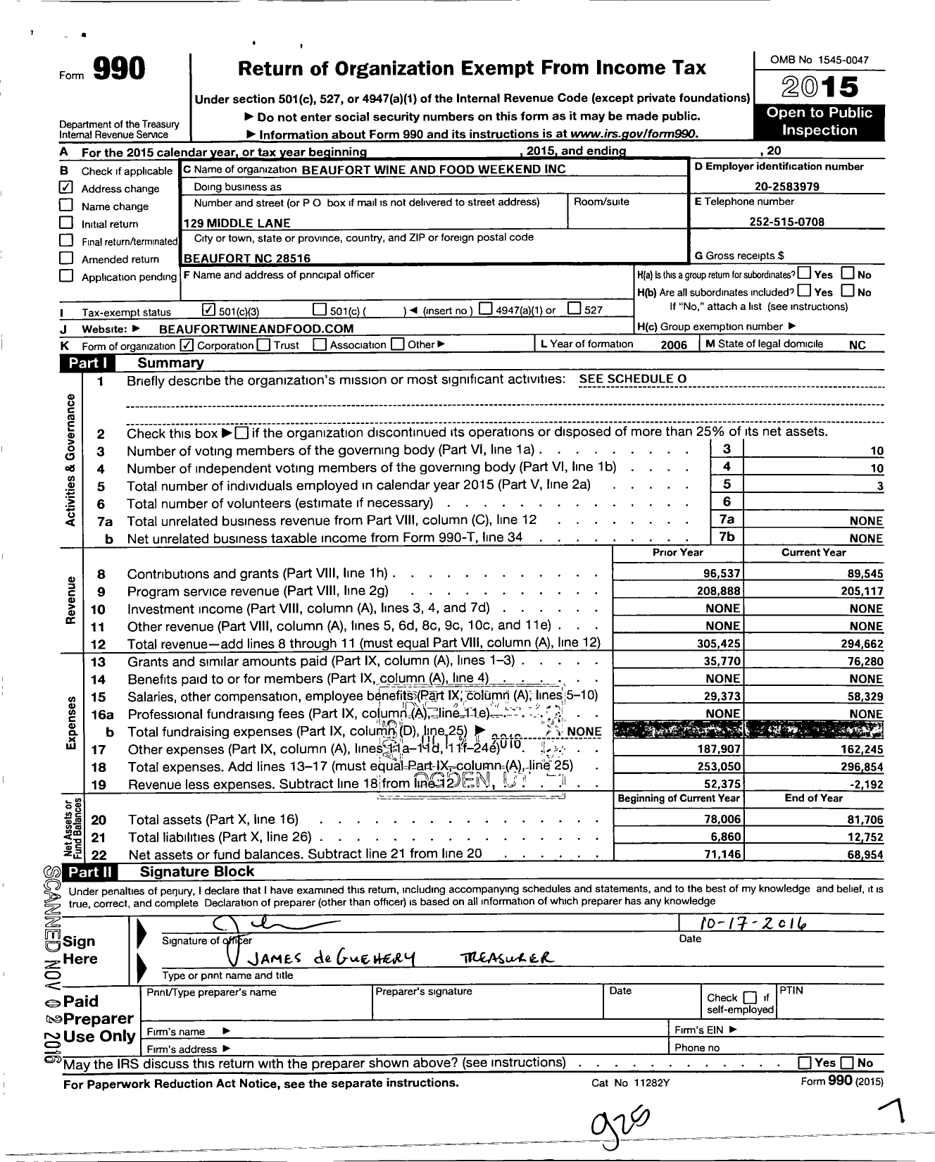 Image of first page of 2015 Form 990 for Beaufort Wine and Food Weekend