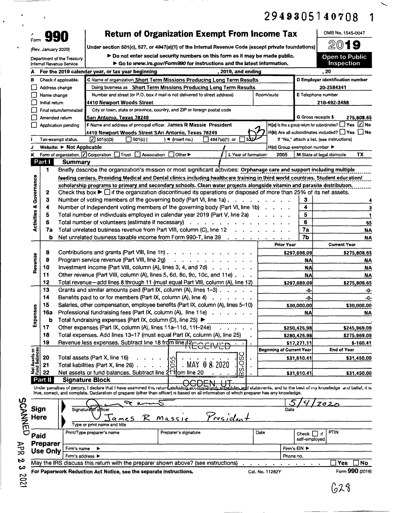 Image of first page of 2019 Form 990 for Short Term Missions Producing Long Term Results