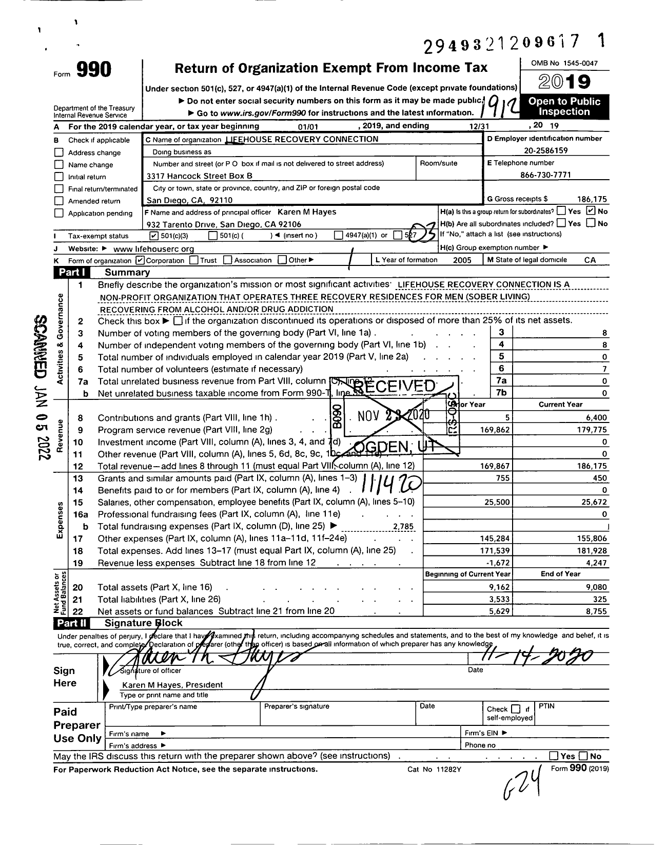 Image of first page of 2019 Form 990 for Lifehouse Recovery Connection