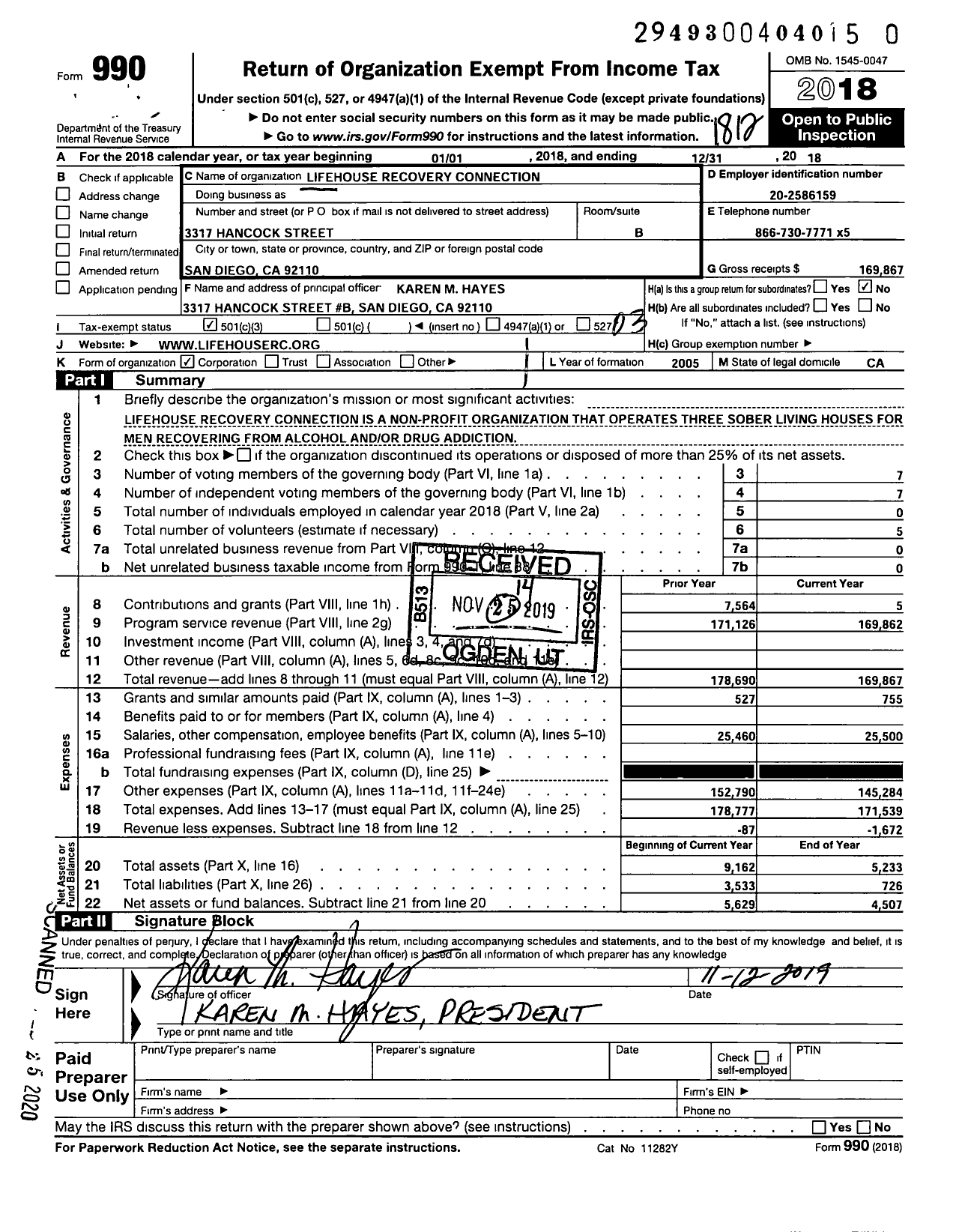 Image of first page of 2018 Form 990 for Lifehouse Recovery Connection