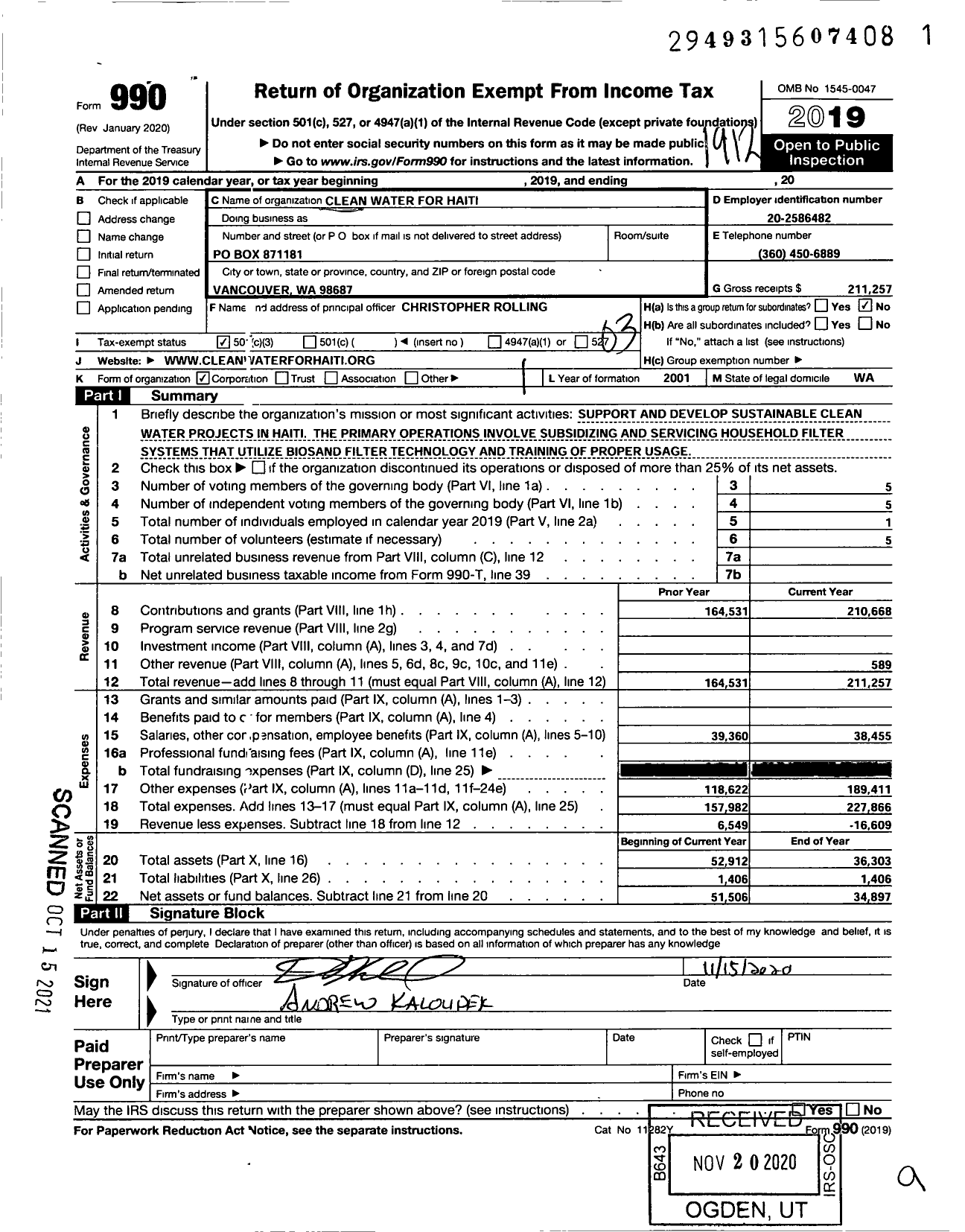 Image of first page of 2019 Form 990 for Clean Water for Haiti