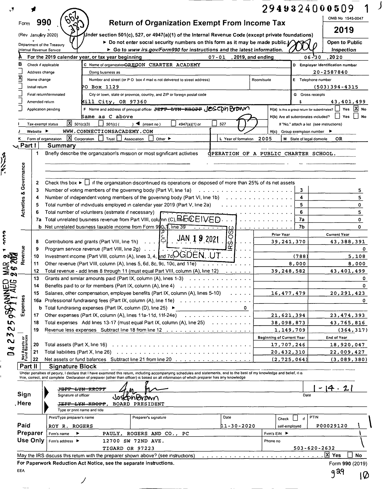 Image of first page of 2019 Form 990 for Oregon Charter Academy