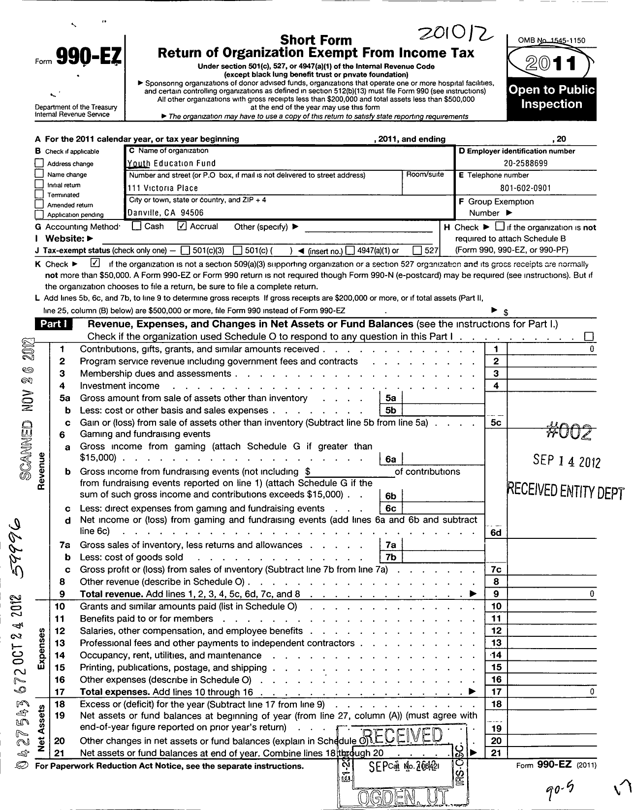 Image of first page of 2010 Form 990EO for Youth Education Fund