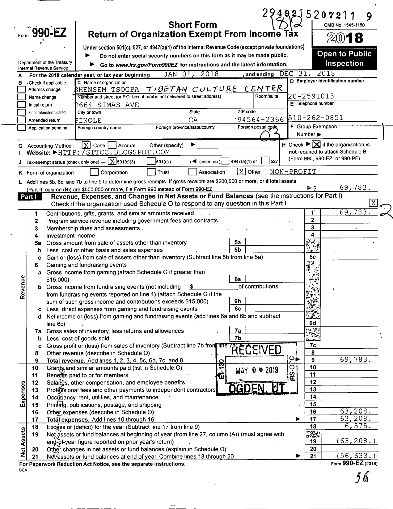 Image of first page of 2018 Form 990EZ for Shensem Tsogpa Tibetan Culture Center