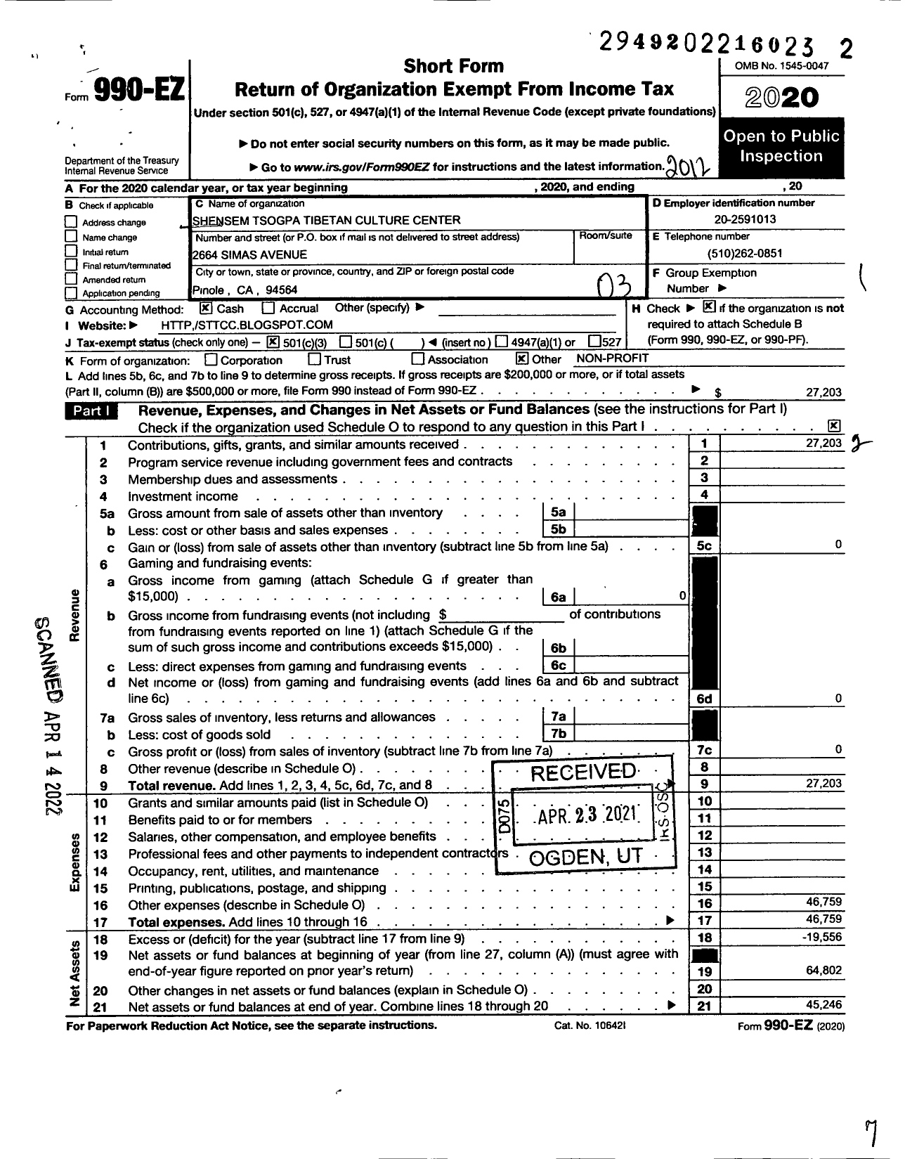 Image of first page of 2020 Form 990EZ for Shensem Tsogpa Tibetan Culture Center