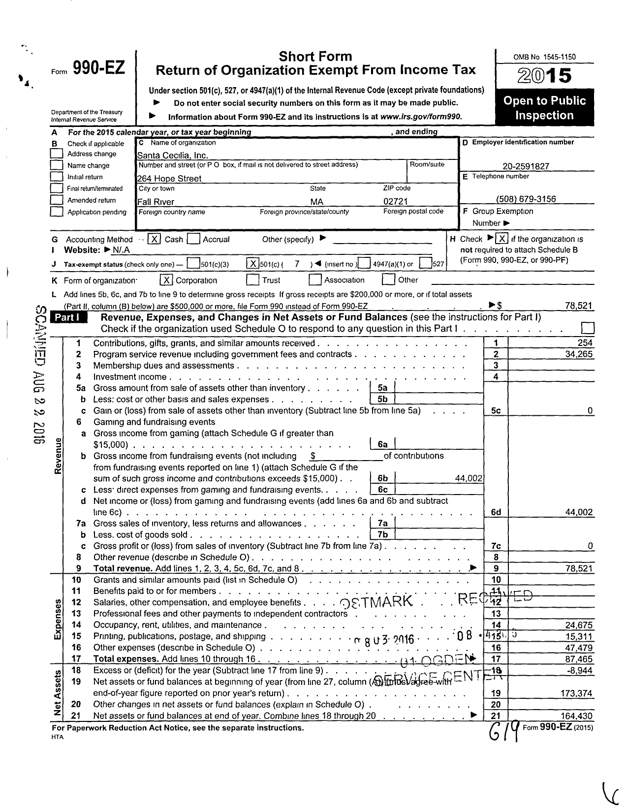 Image of first page of 2015 Form 990EO for Santa Cecilia