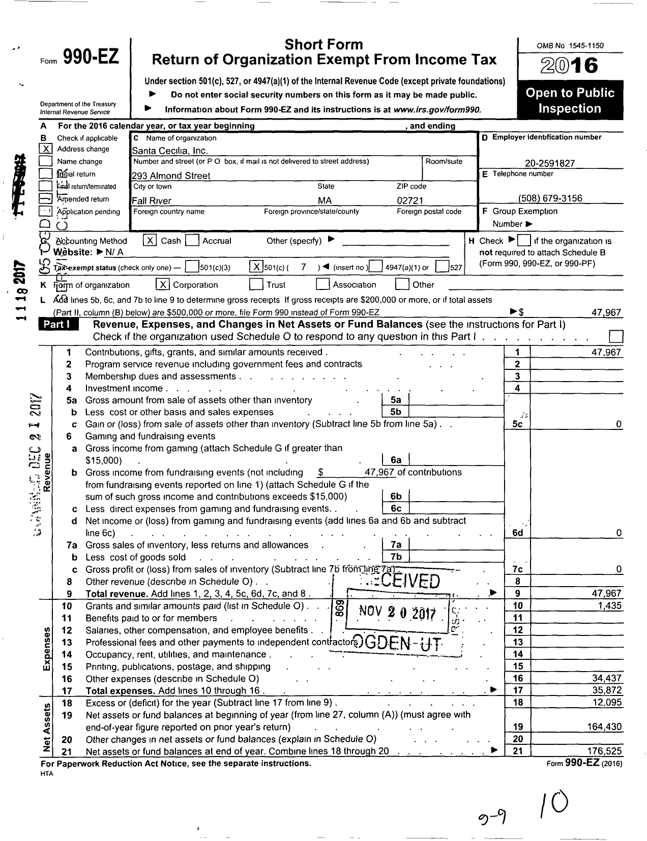 Image of first page of 2016 Form 990EO for Santa Cecilia