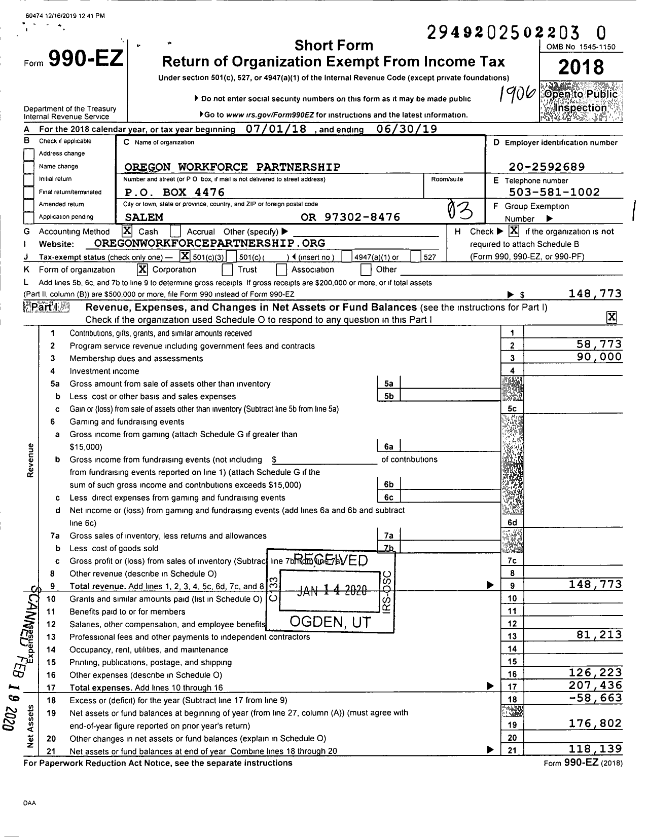 Image of first page of 2018 Form 990EZ for Oregon Workforce Partnership