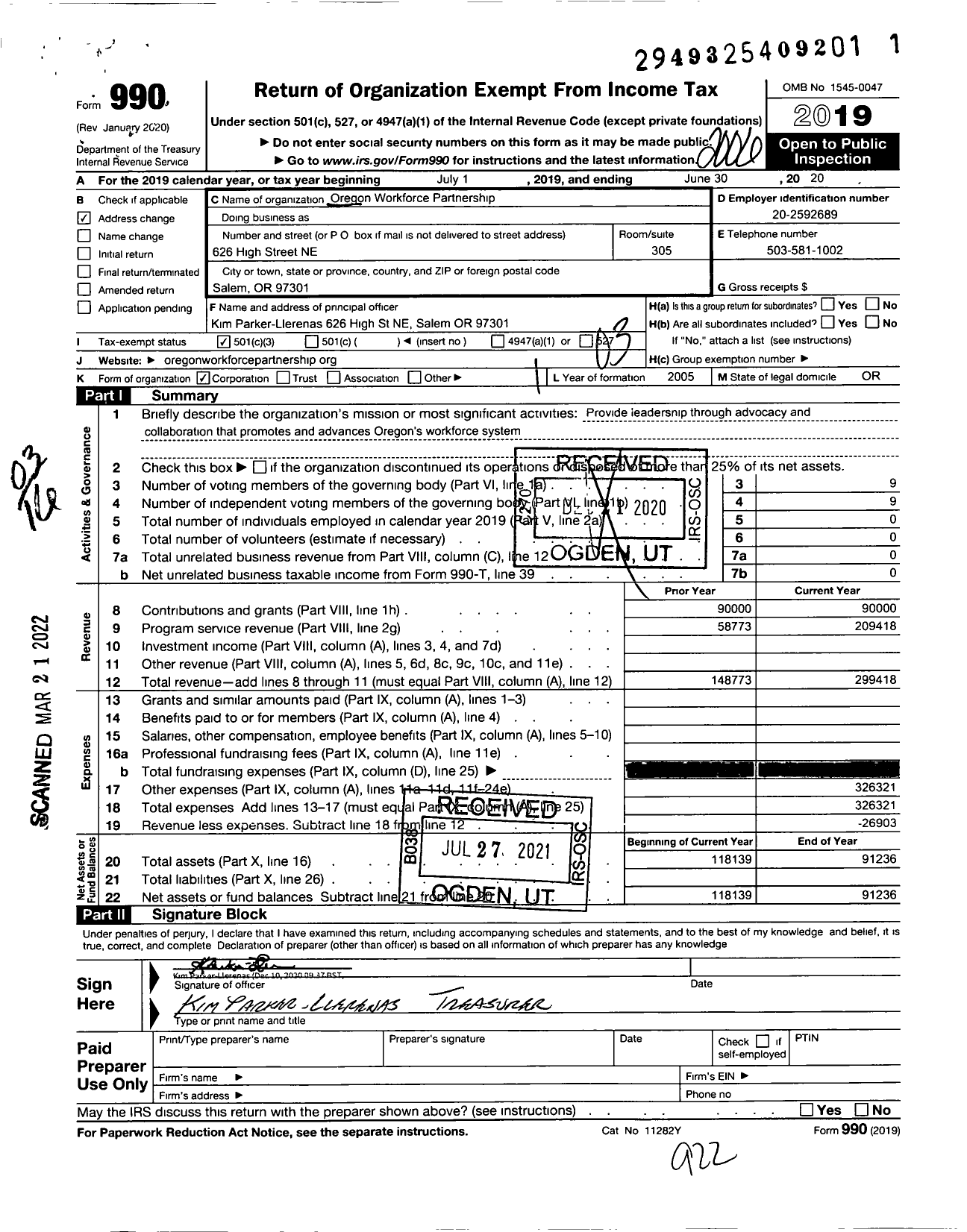 Image of first page of 2019 Form 990 for Oregon Workforce Partnership