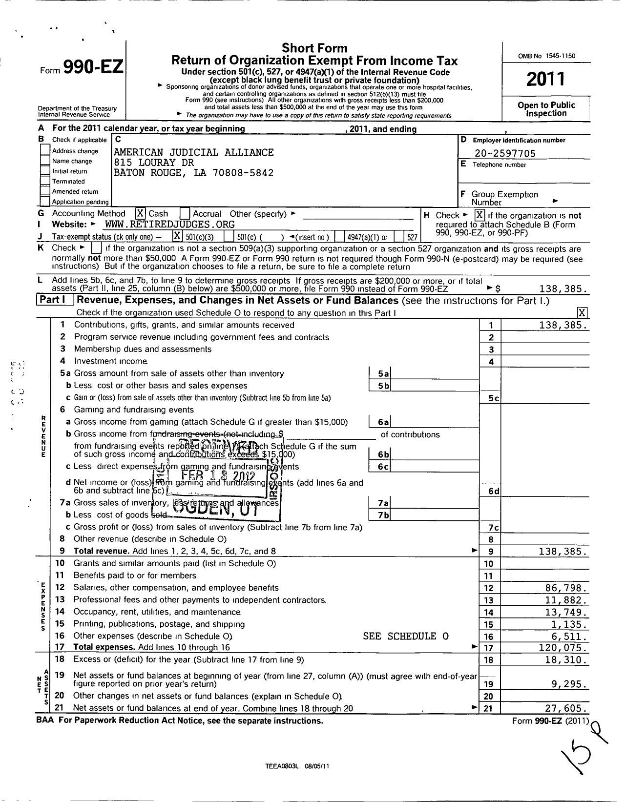 Image of first page of 2011 Form 990EZ for American Judicial Alliance