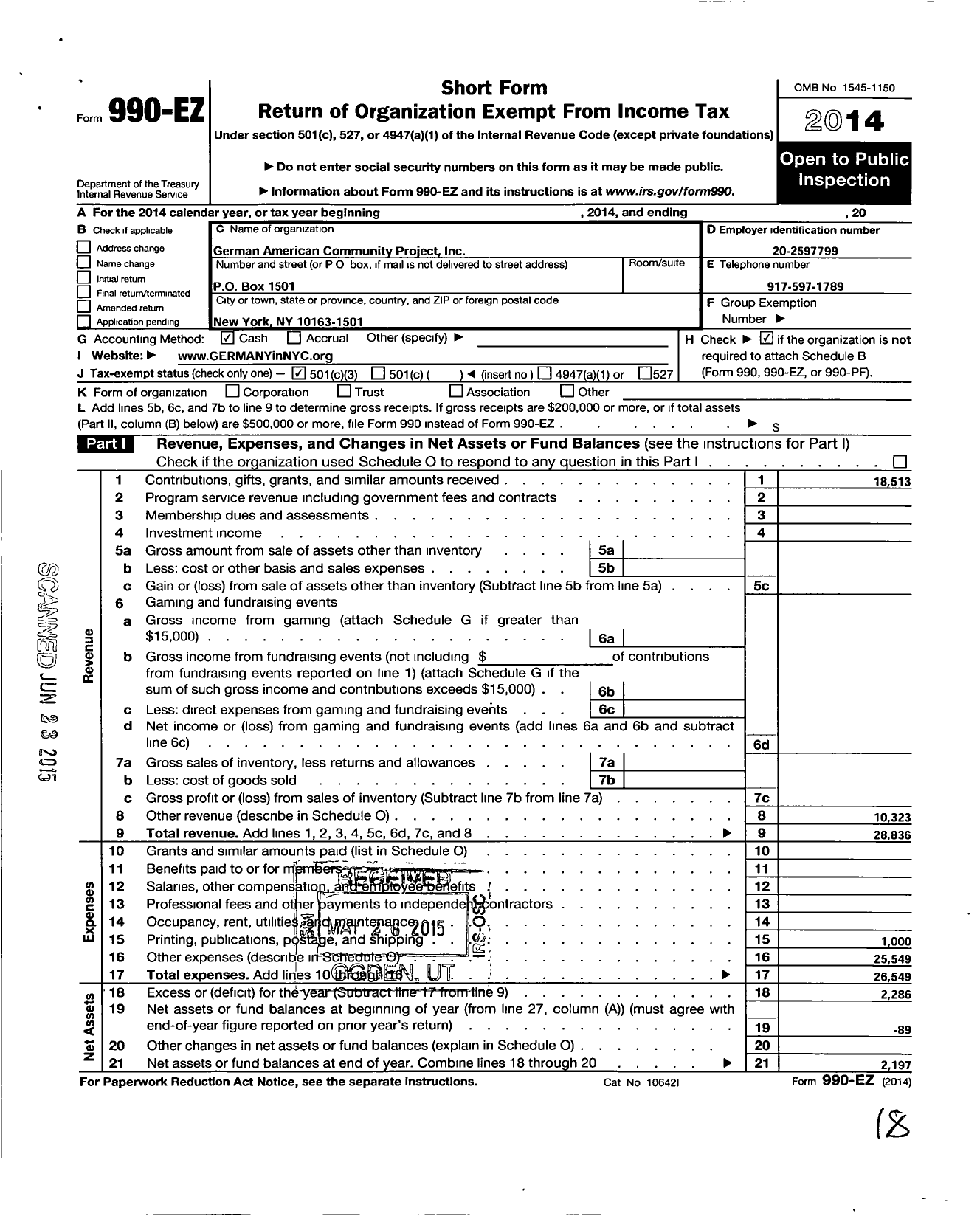 Image of first page of 2014 Form 990EZ for German American Community Project