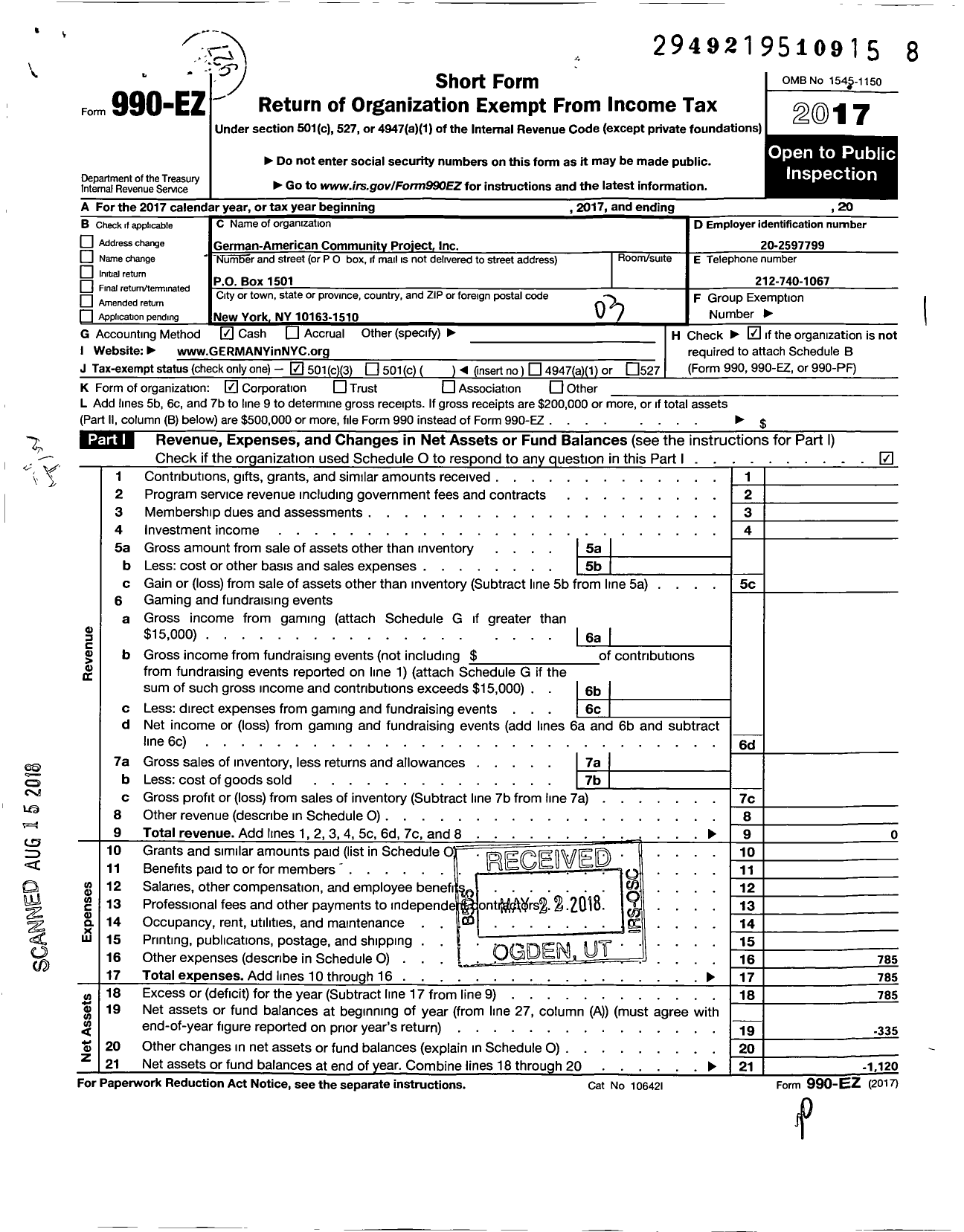 Image of first page of 2017 Form 990EZ for German American Community Project