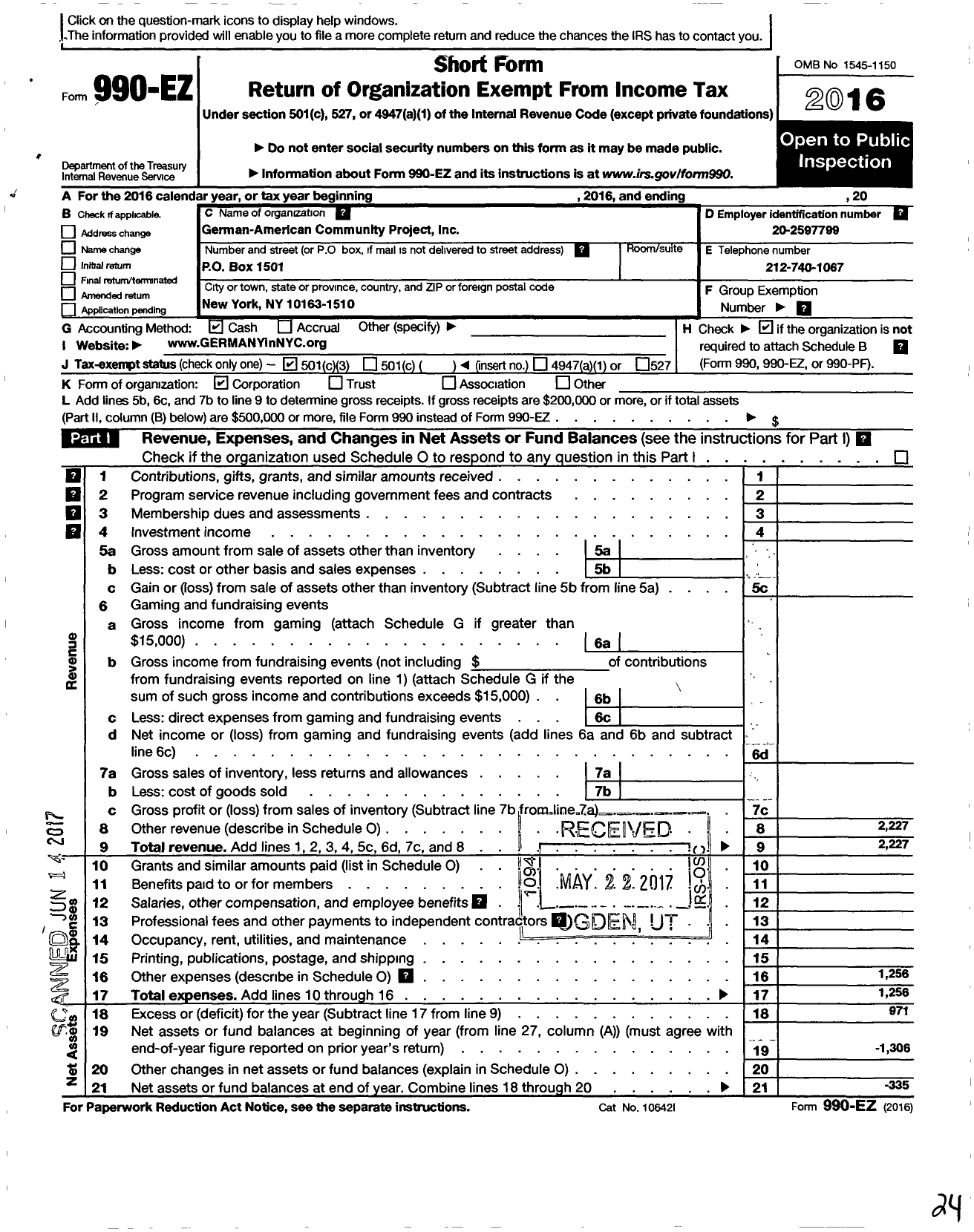 Image of first page of 2016 Form 990EZ for German American Community Project