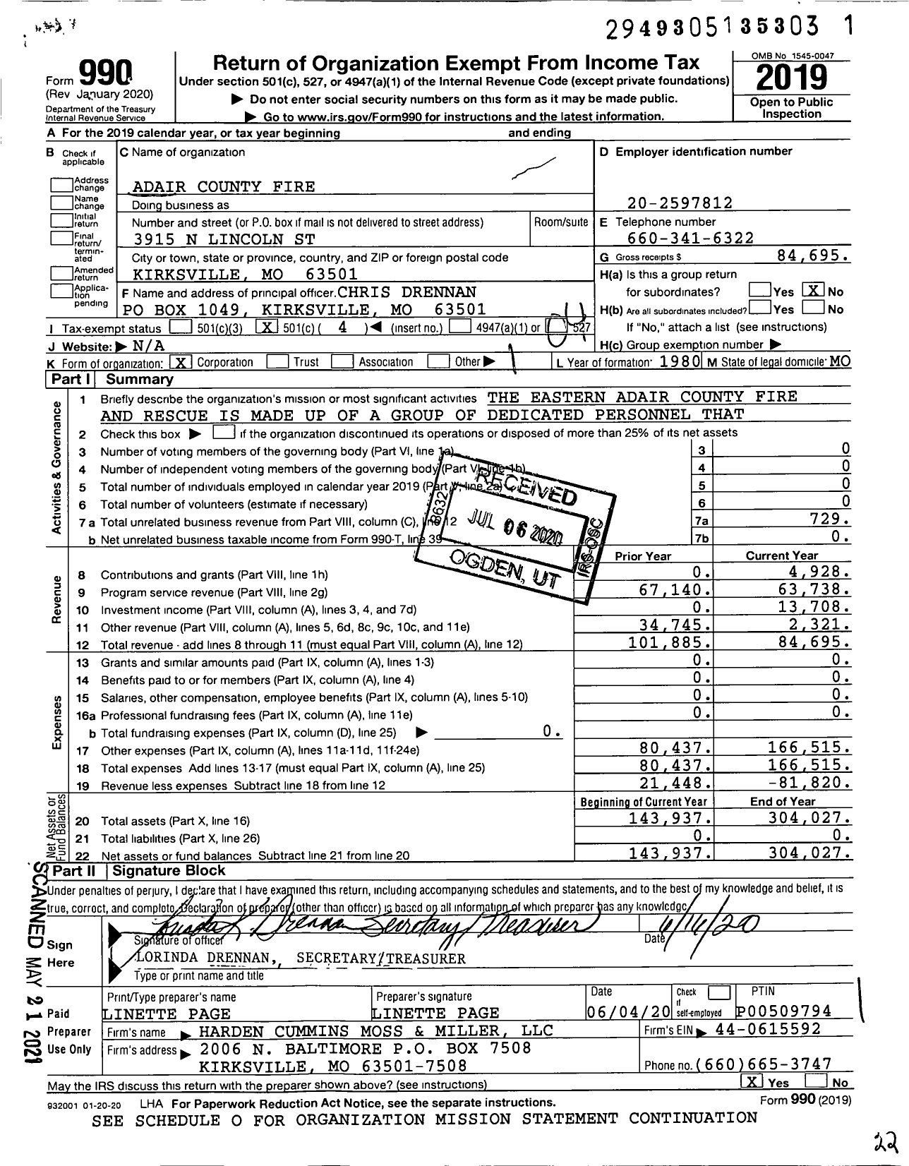 Image of first page of 2019 Form 990O for Adair County Fire