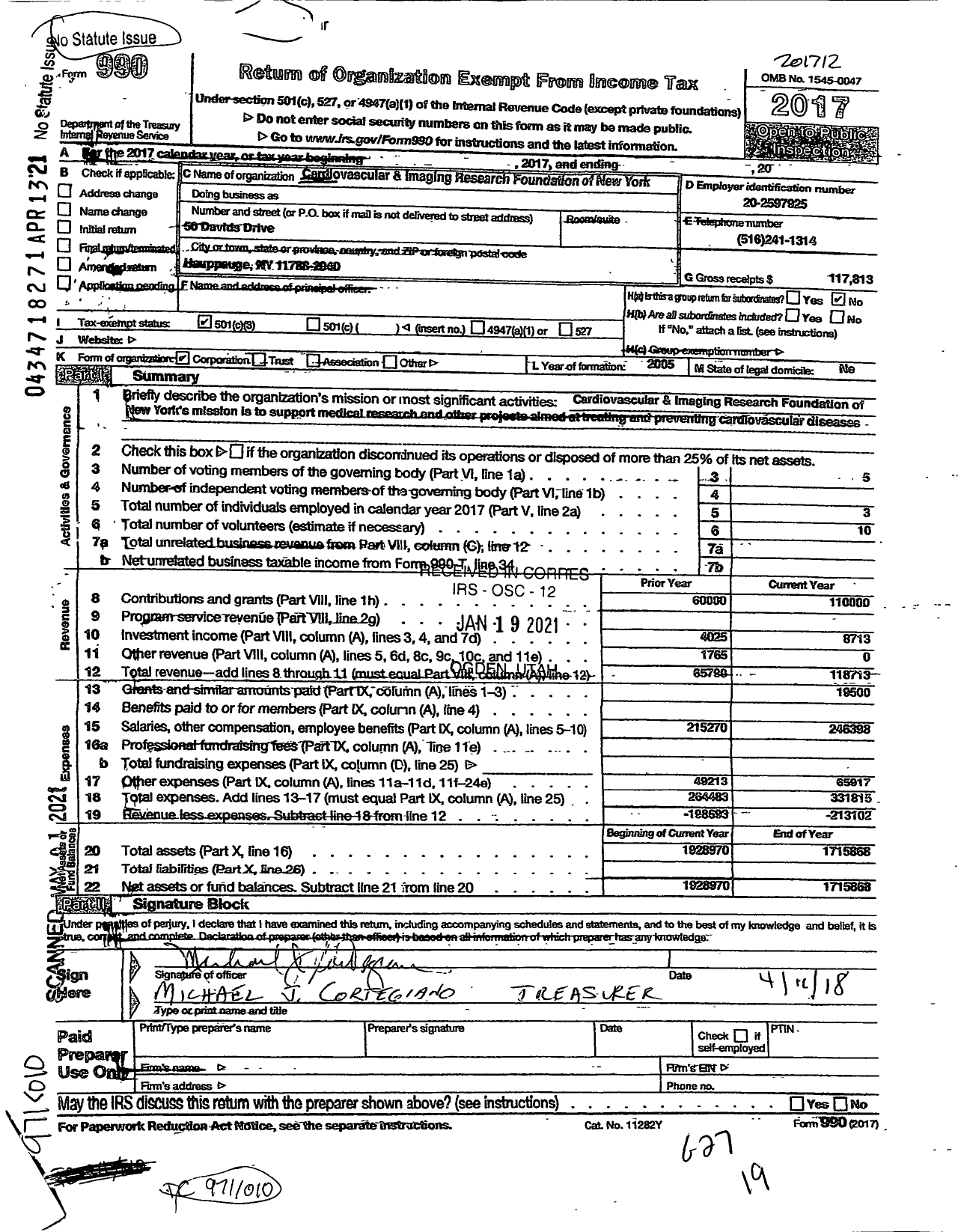 Image of first page of 2017 Form 990A for Cardiovascular and Imaging Research Foundation of Ny