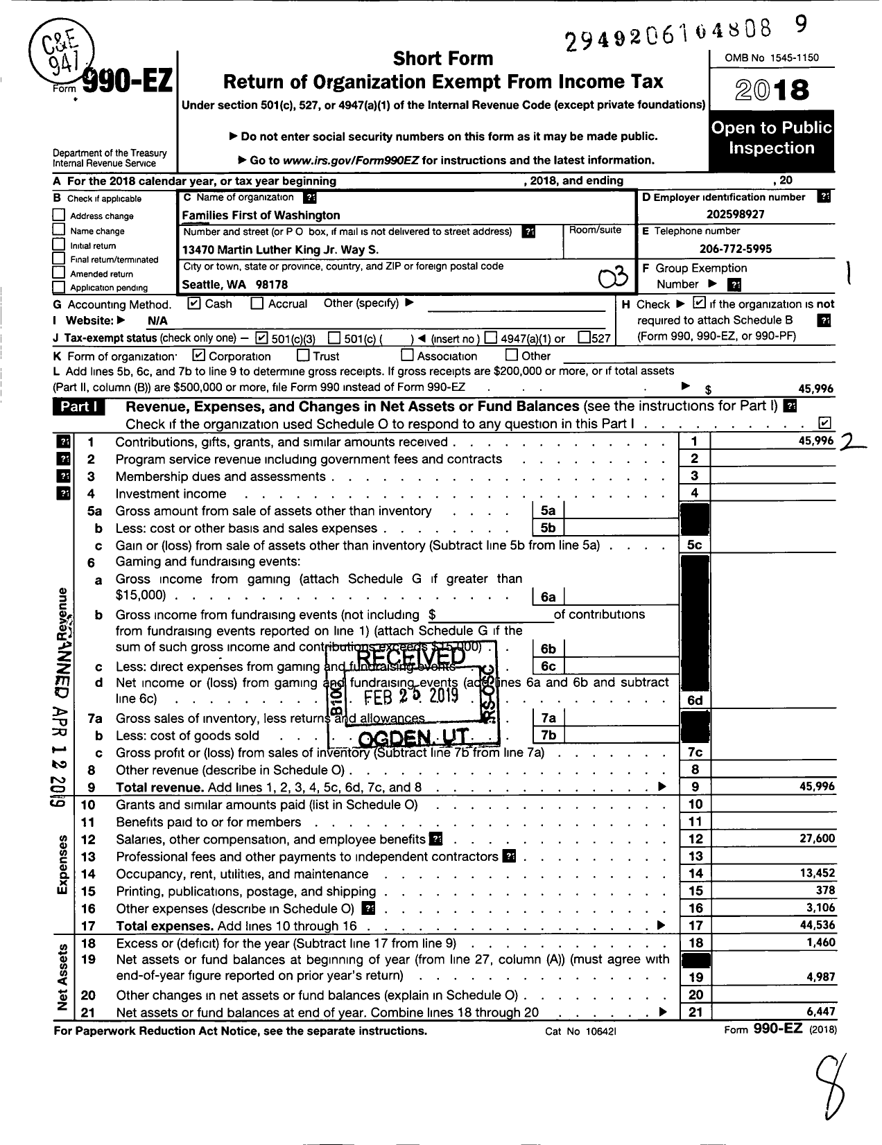 Image of first page of 2018 Form 990EZ for Families First of Washington