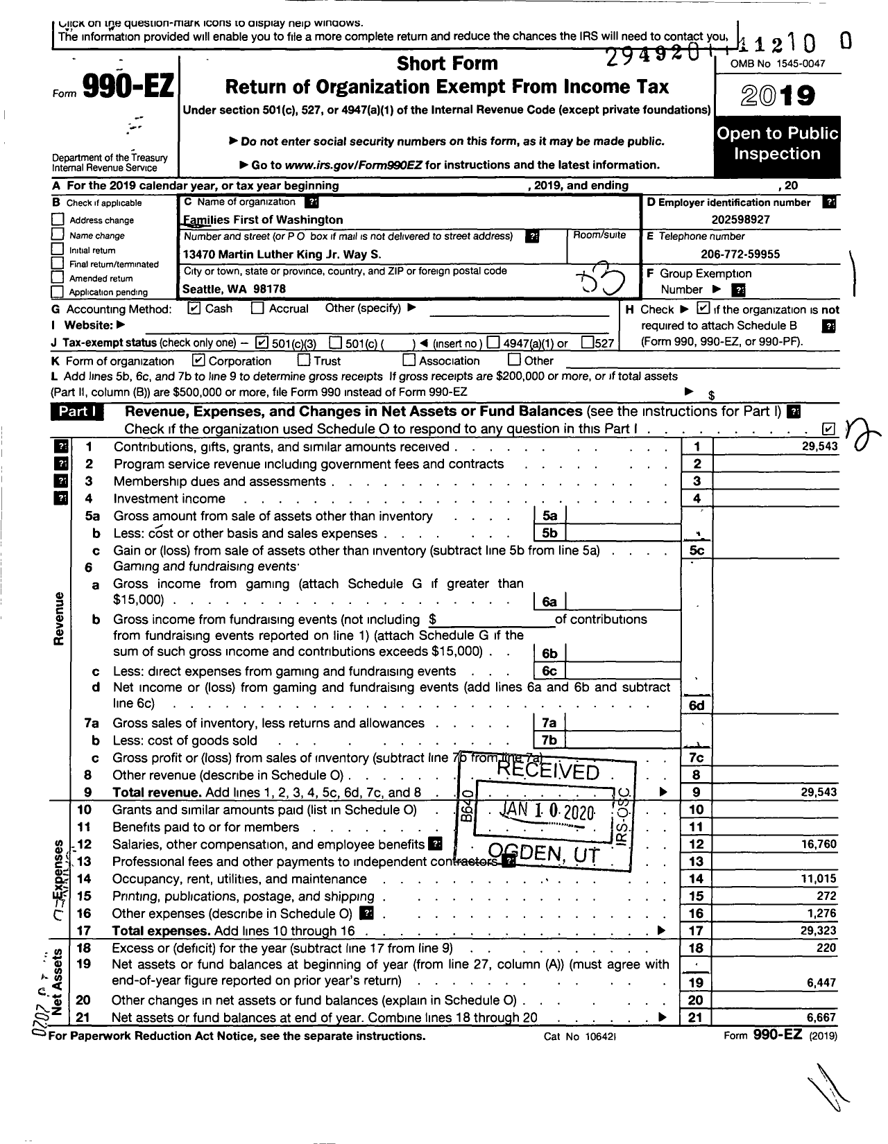 Image of first page of 2019 Form 990EZ for Families First of Washington