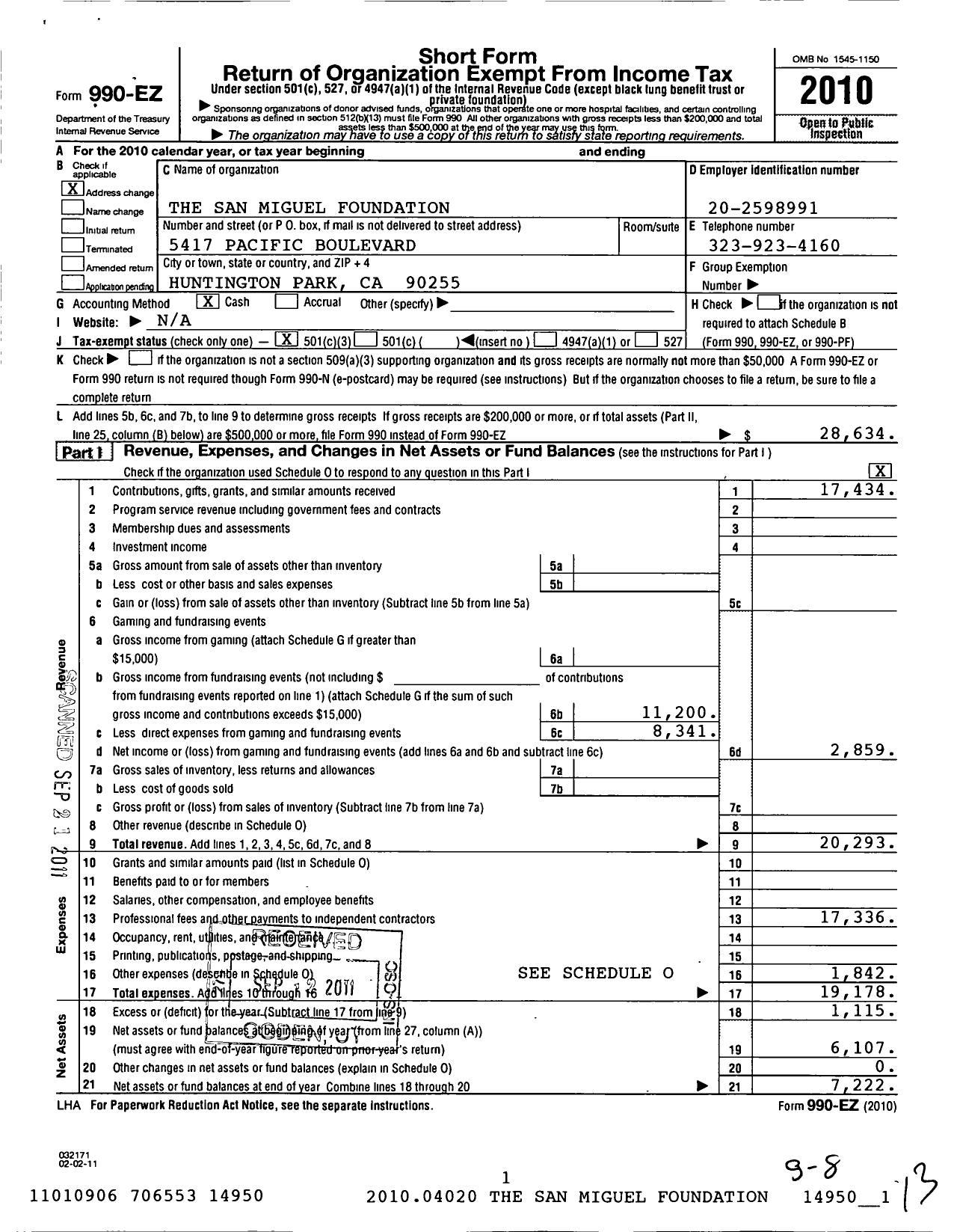 Image of first page of 2010 Form 990EZ for San Miguel Foundation