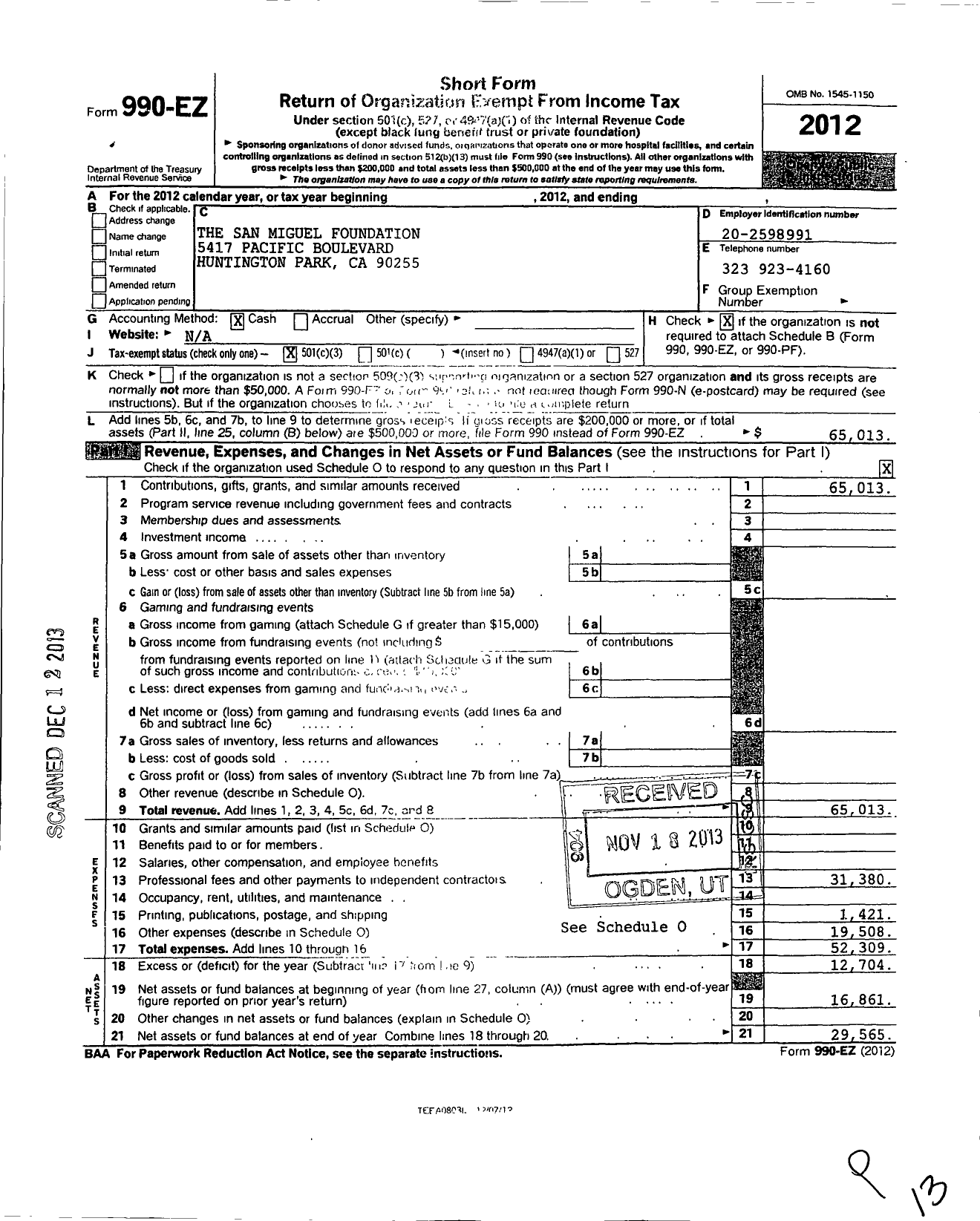 Image of first page of 2012 Form 990EZ for San Miguel Foundation