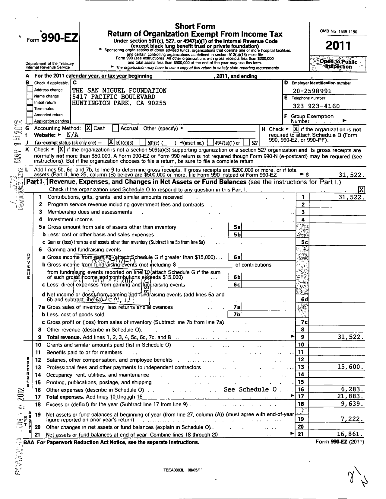 Image of first page of 2011 Form 990EZ for San Miguel Foundation