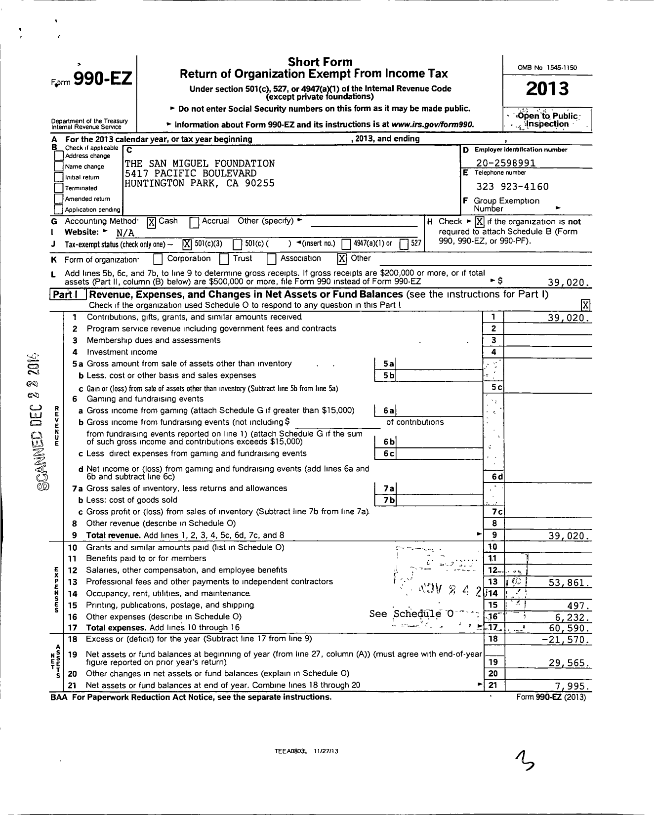 Image of first page of 2013 Form 990EZ for San Miguel Foundation