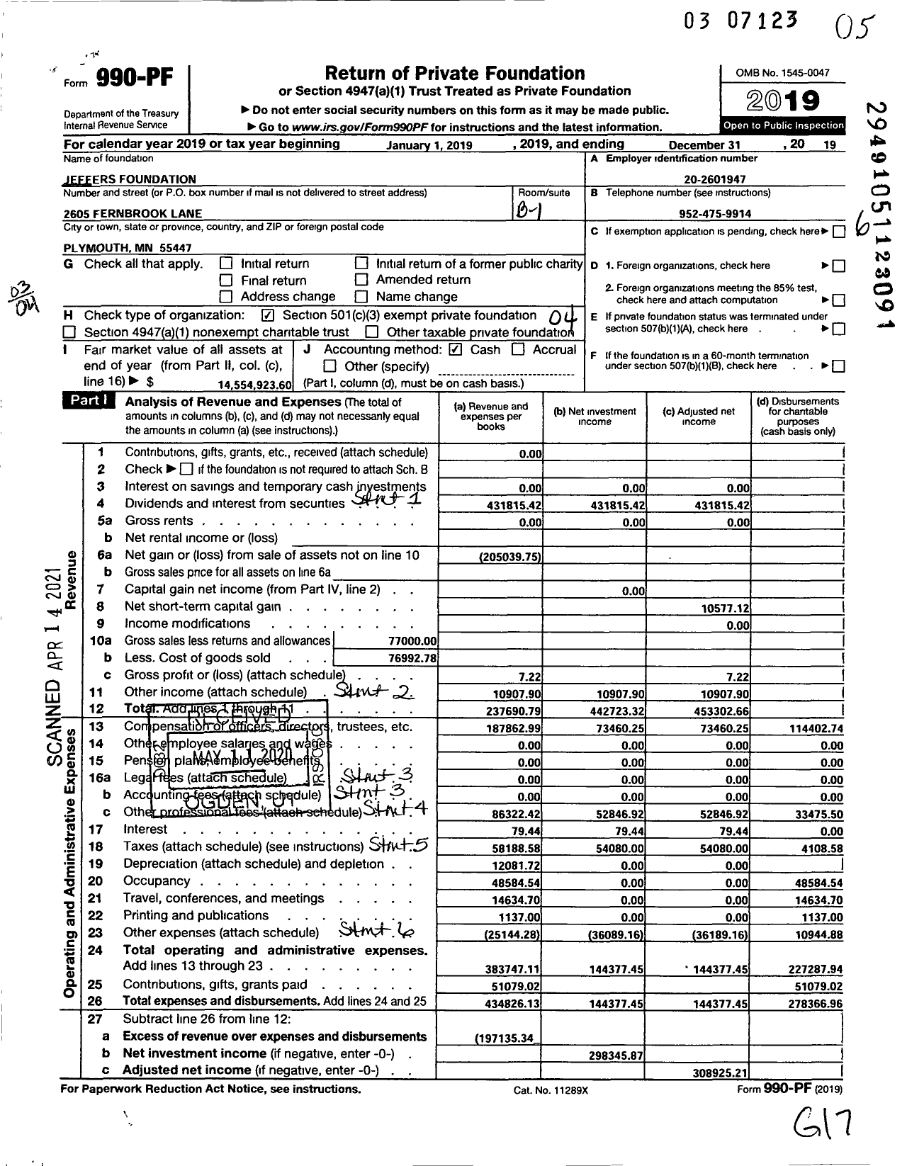 Image of first page of 2019 Form 990PF for Jeffers Foundation