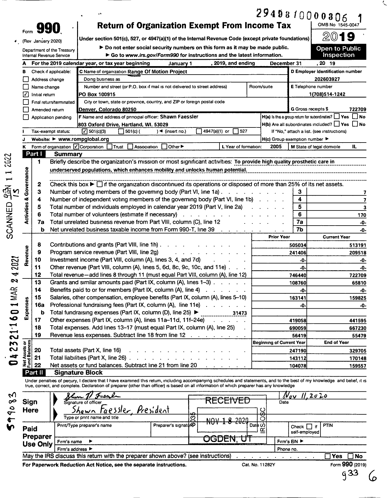 Image of first page of 2019 Form 990 for Range Of Motion Project
