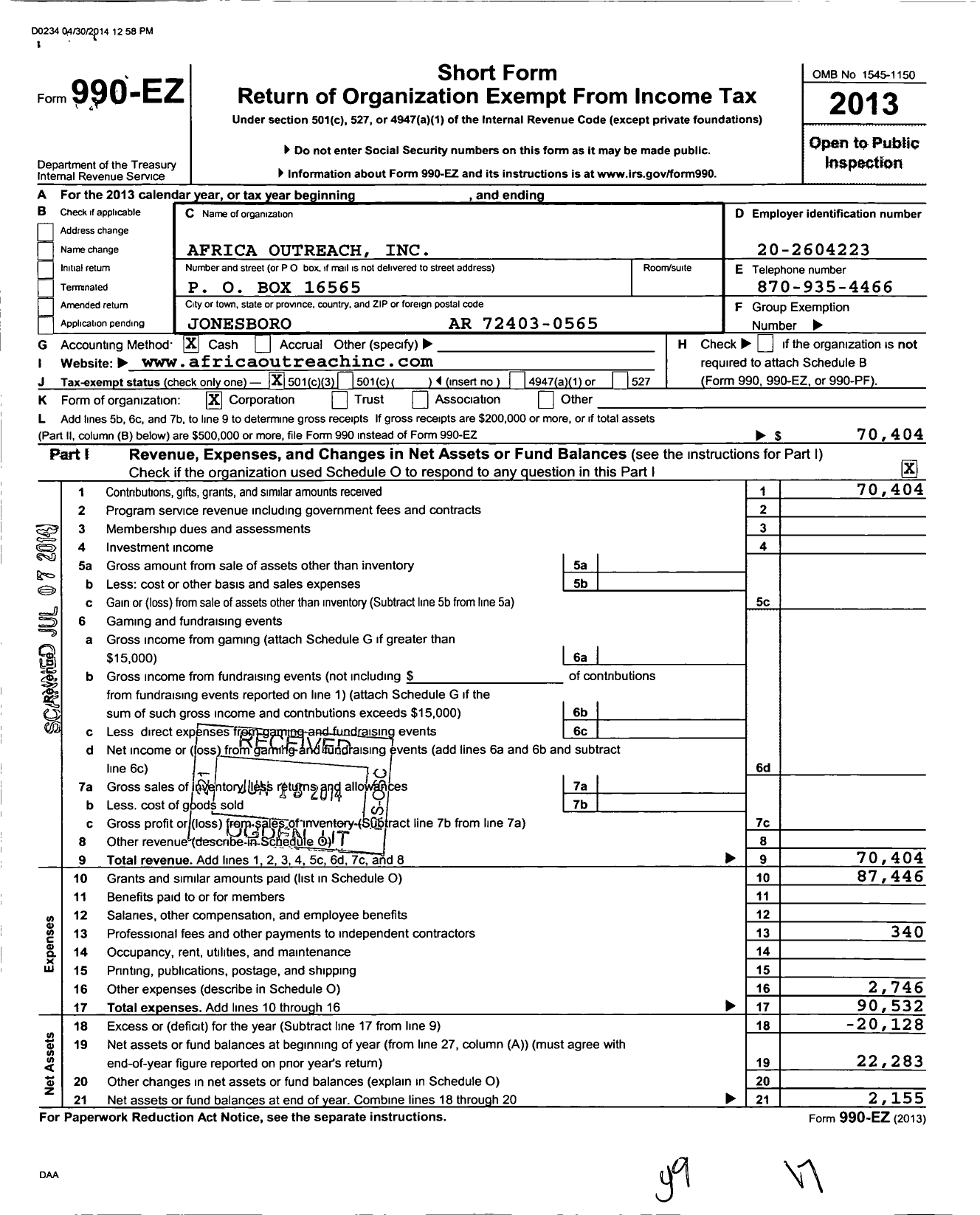 Image of first page of 2013 Form 990EZ for Africa Outreach