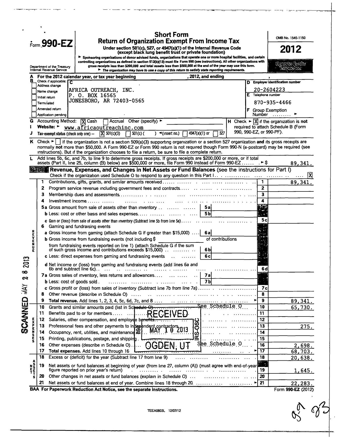 Image of first page of 2012 Form 990EZ for Africa Outreach