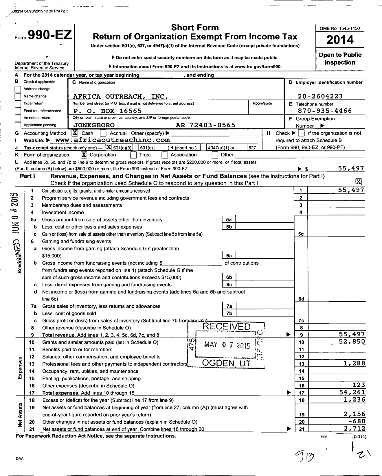 Image of first page of 2014 Form 990EZ for Africa Outreach