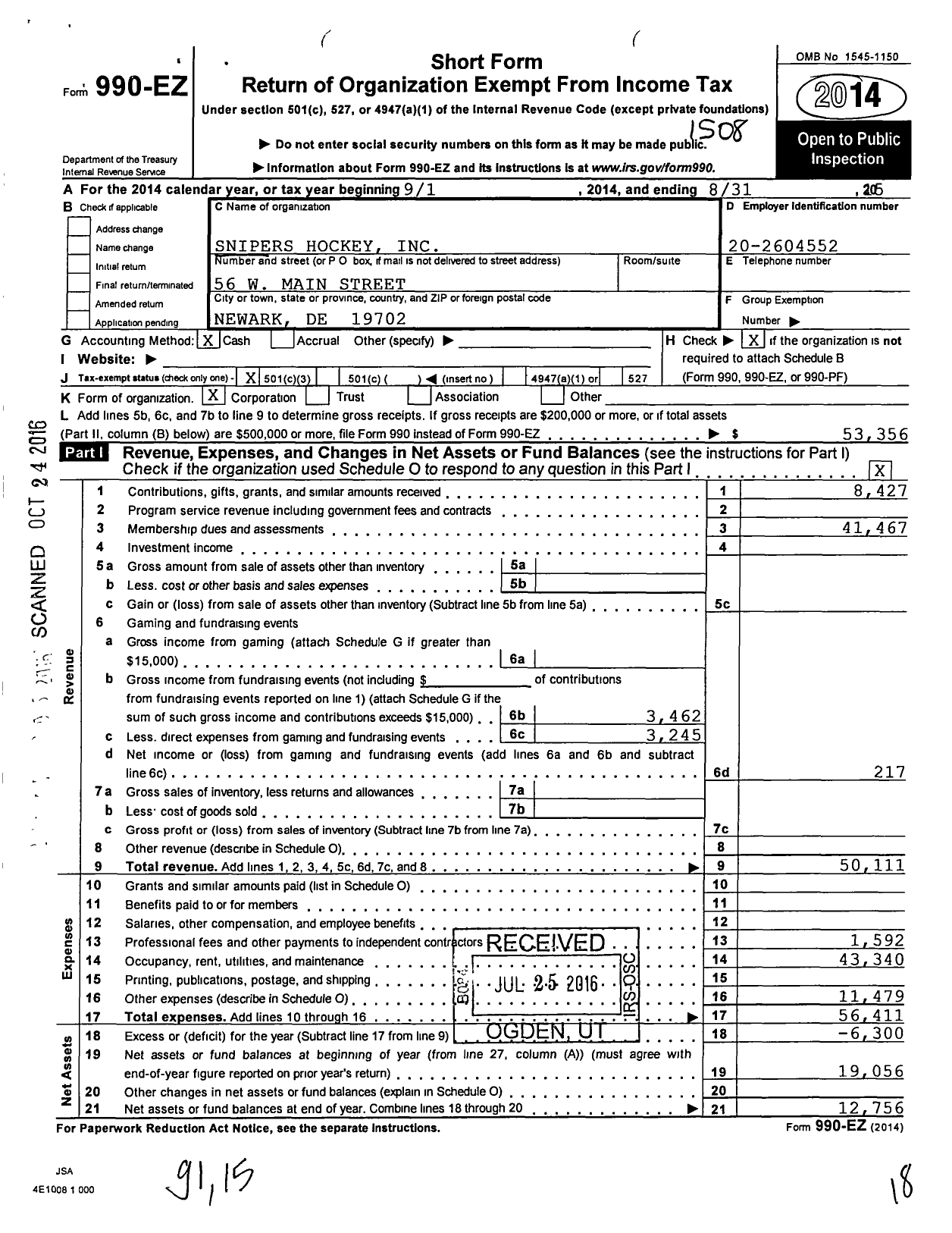 Image of first page of 2014 Form 990EZ for Snipers Hockey