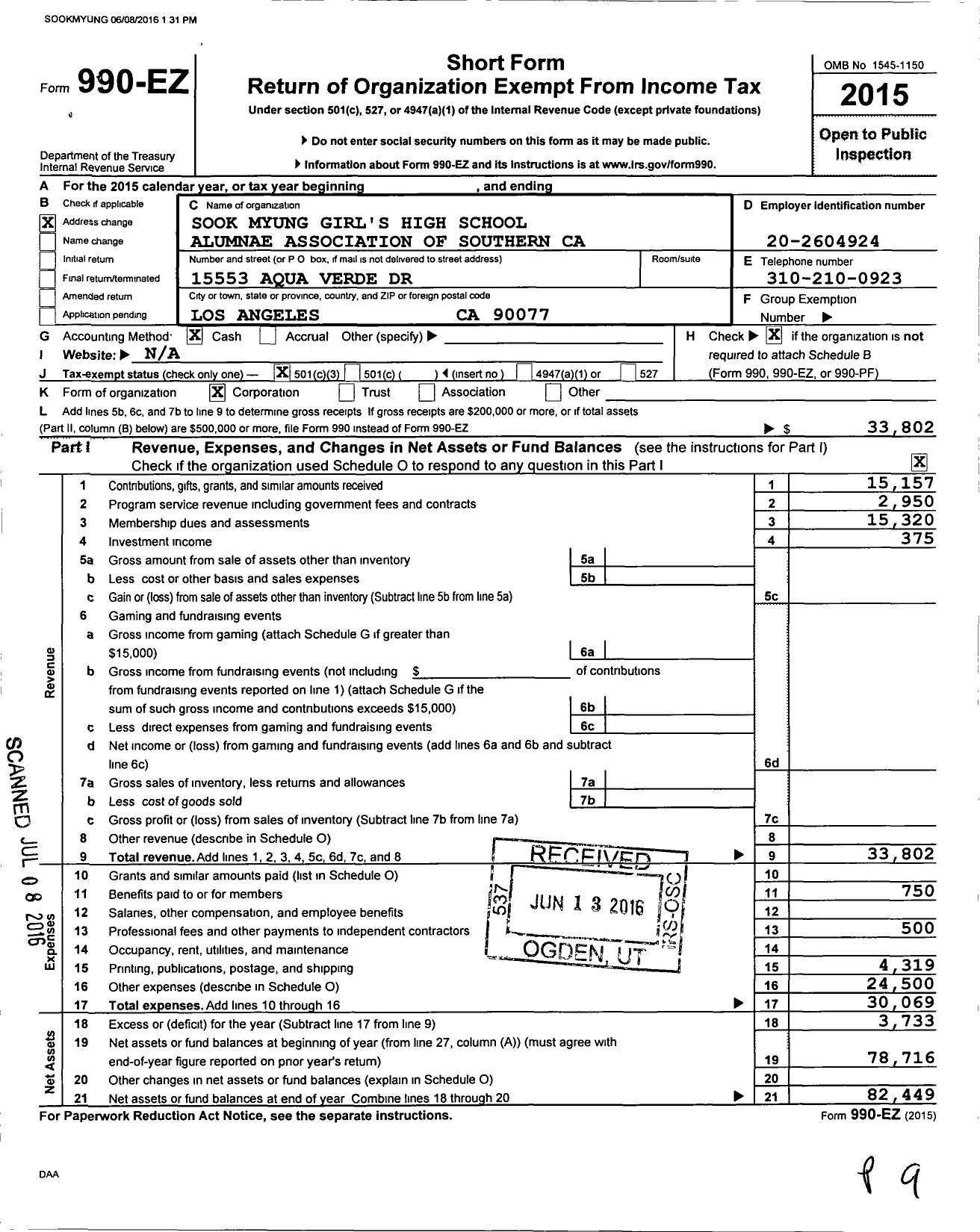 Image of first page of 2015 Form 990EZ for Sook Myung Girl's High School Alumnae Association of Southern Ca