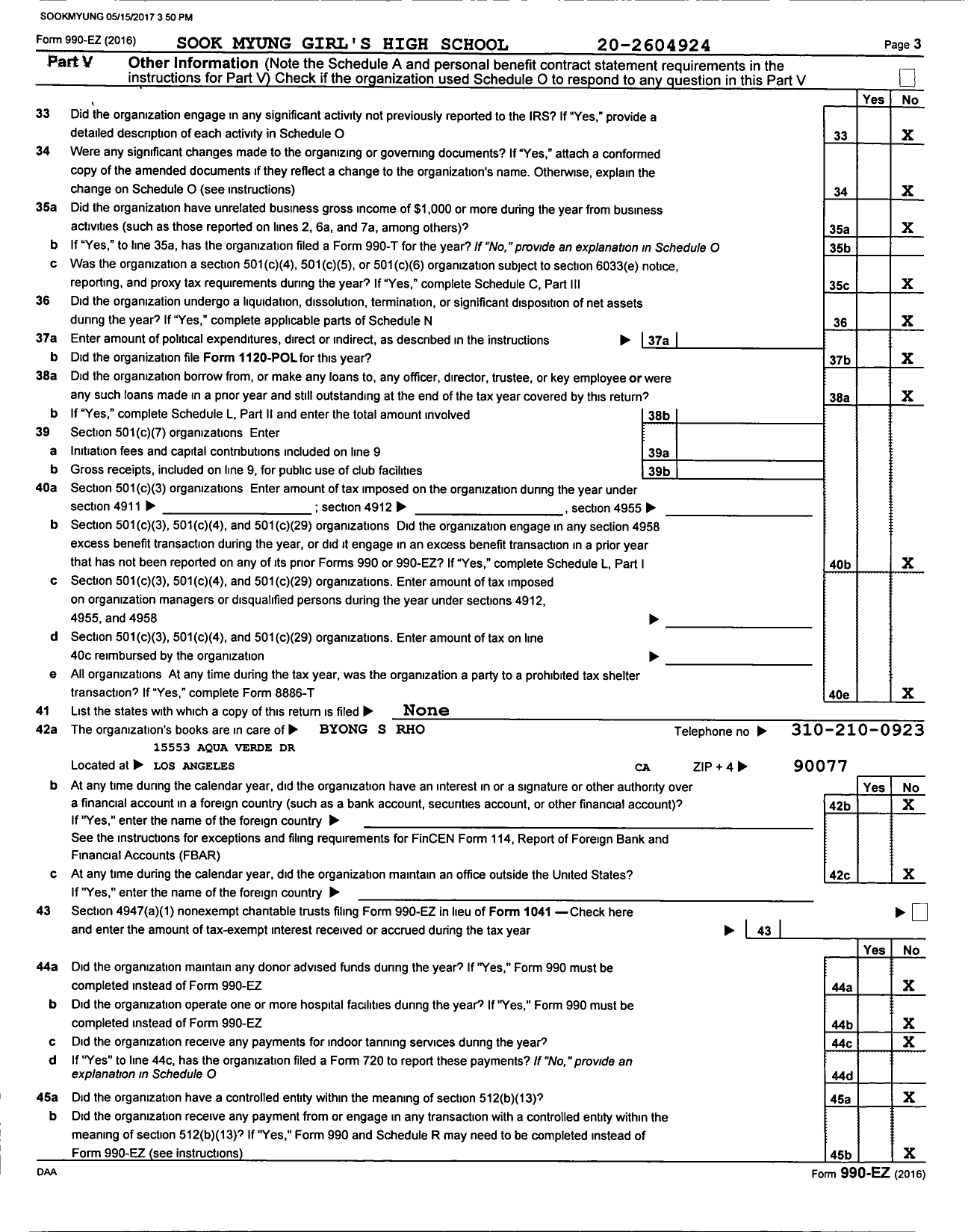 Image of first page of 2016 Form 990EZ for Sook Myung Girl's High School Alumnae Association of Southern Ca