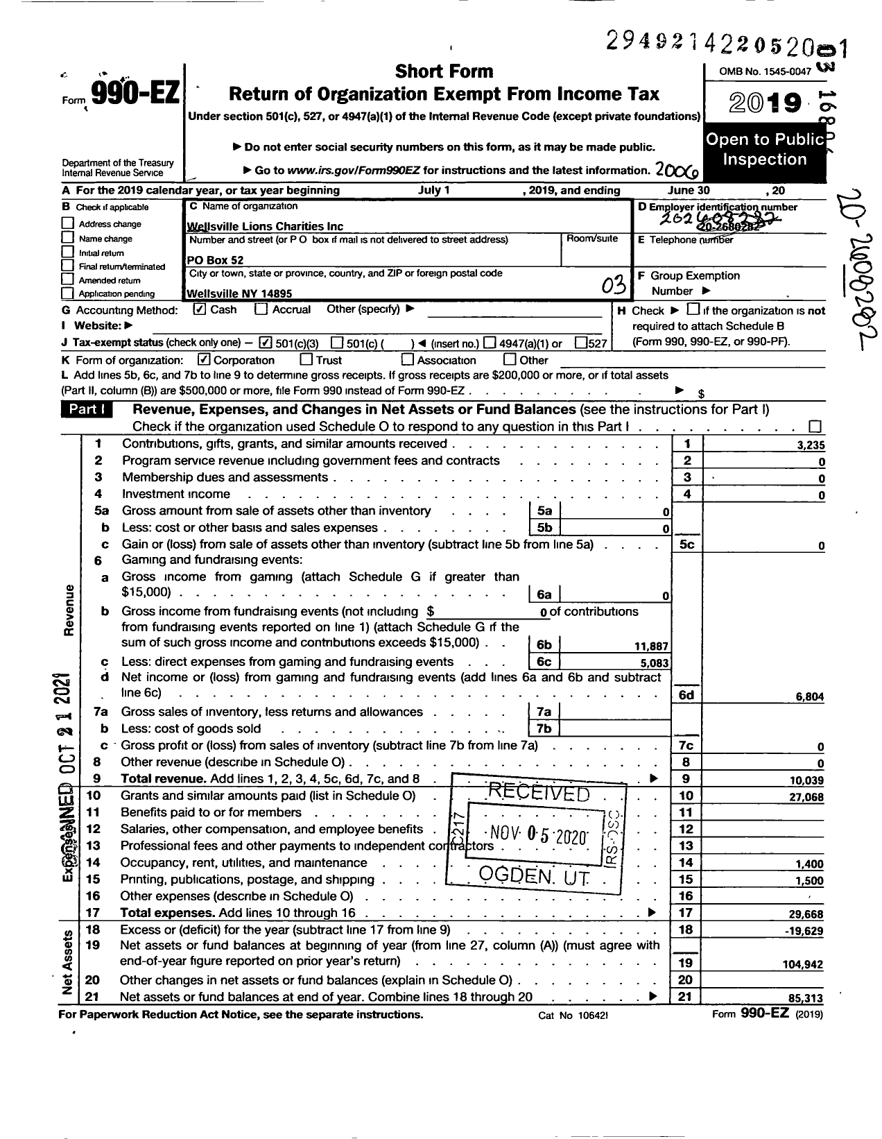 Image of first page of 2019 Form 990EZ for Wellsville Lions Charities