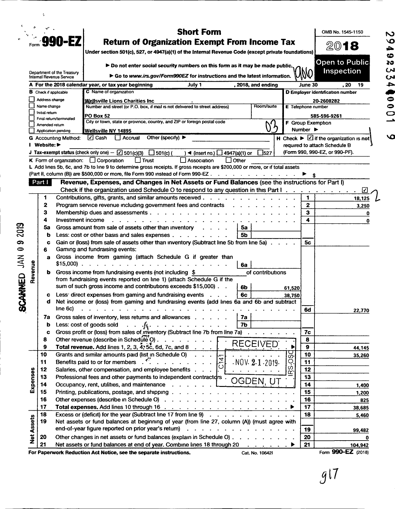 Image of first page of 2018 Form 990EZ for Wellsville Lions Charities