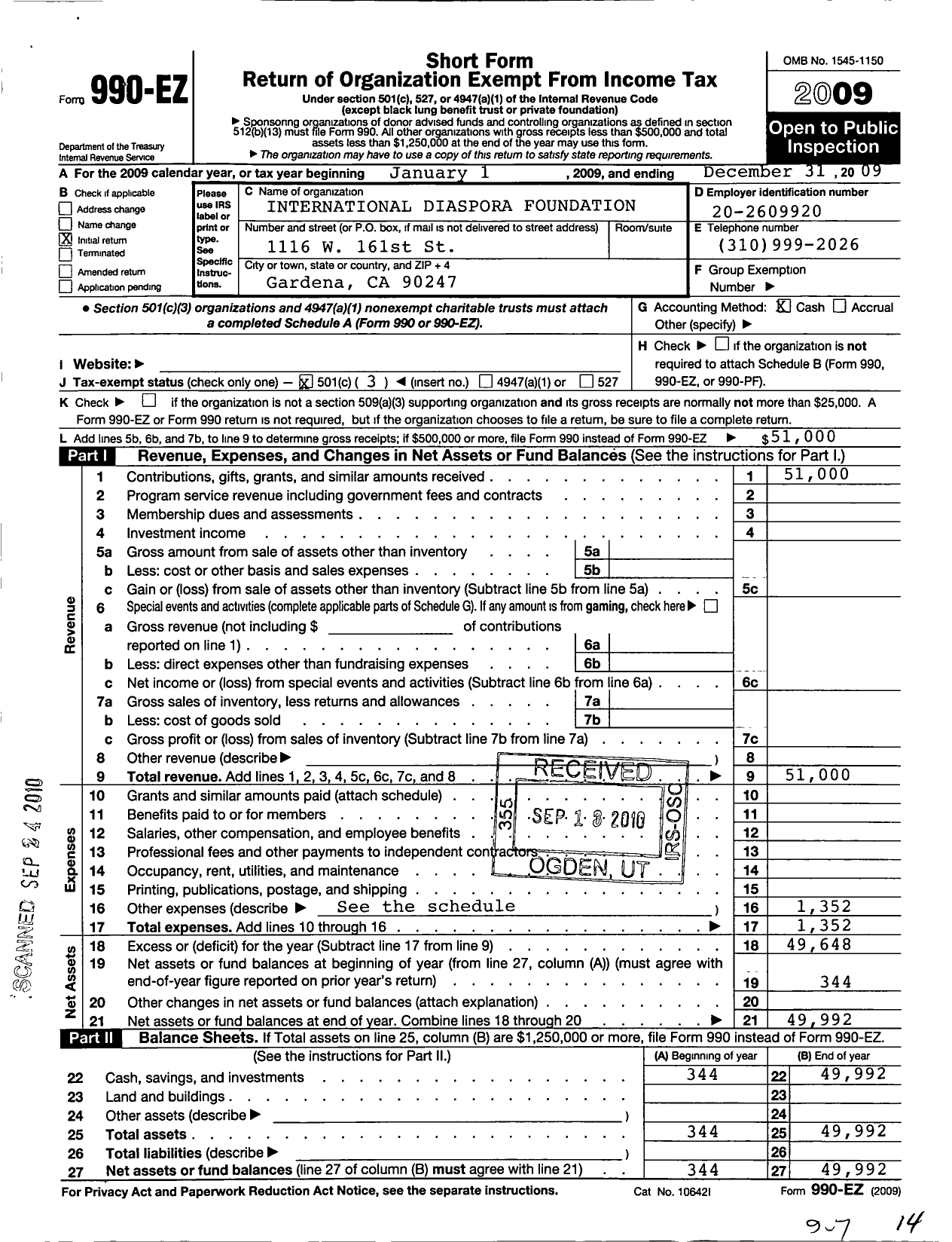 Image of first page of 2009 Form 990EZ for International Diaspora Foundation