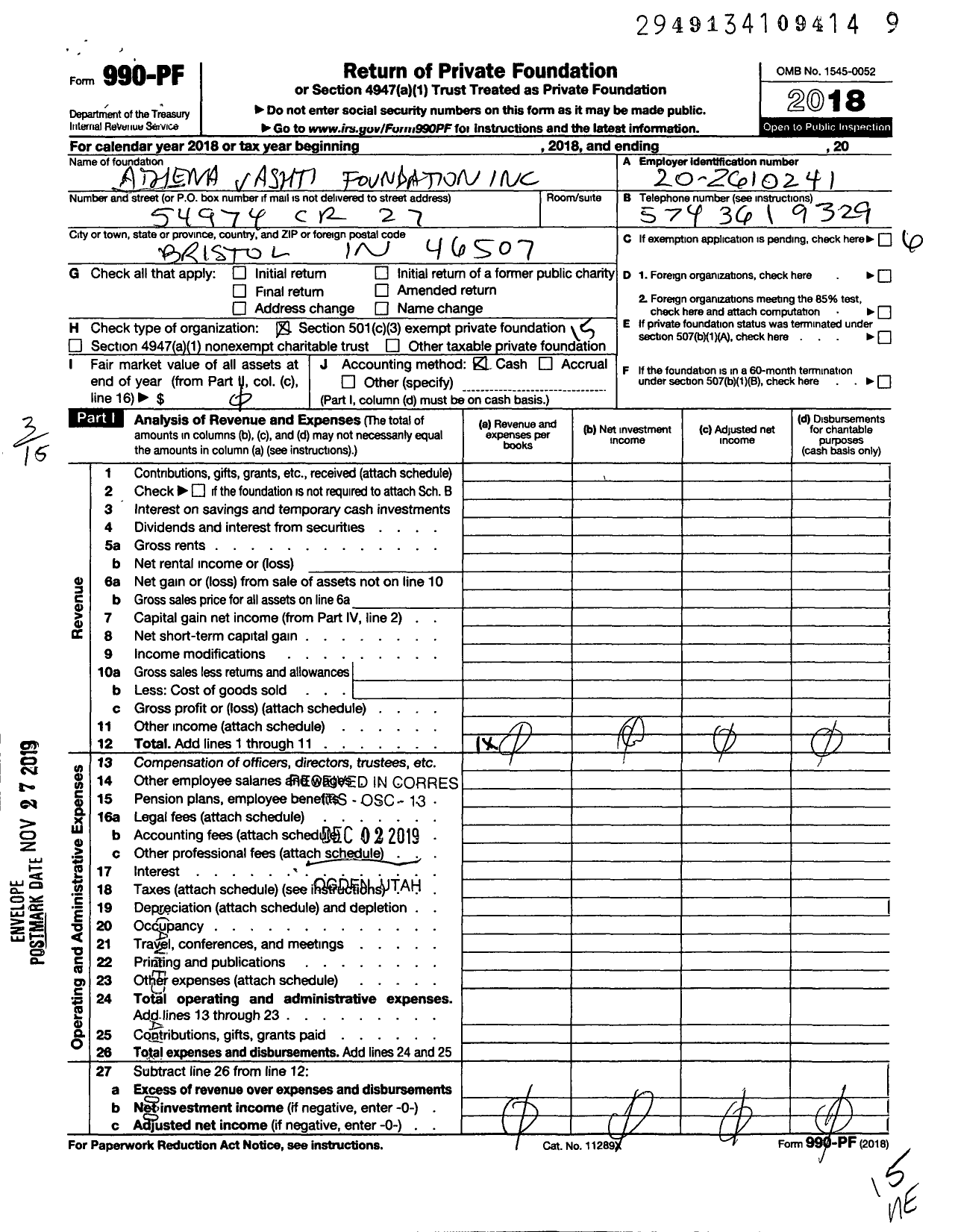 Image of first page of 2018 Form 990PF for Atmena Vashti Foundation