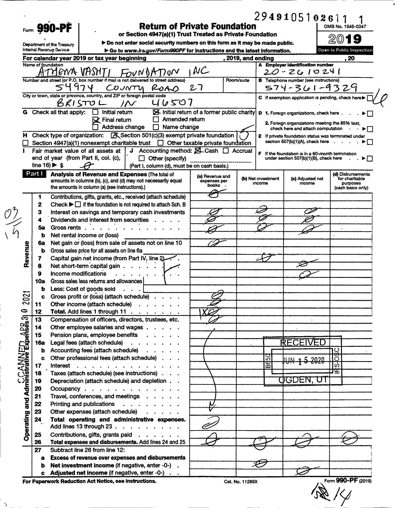 Image of first page of 2019 Form 990PF for Atmena Vashti Foundation