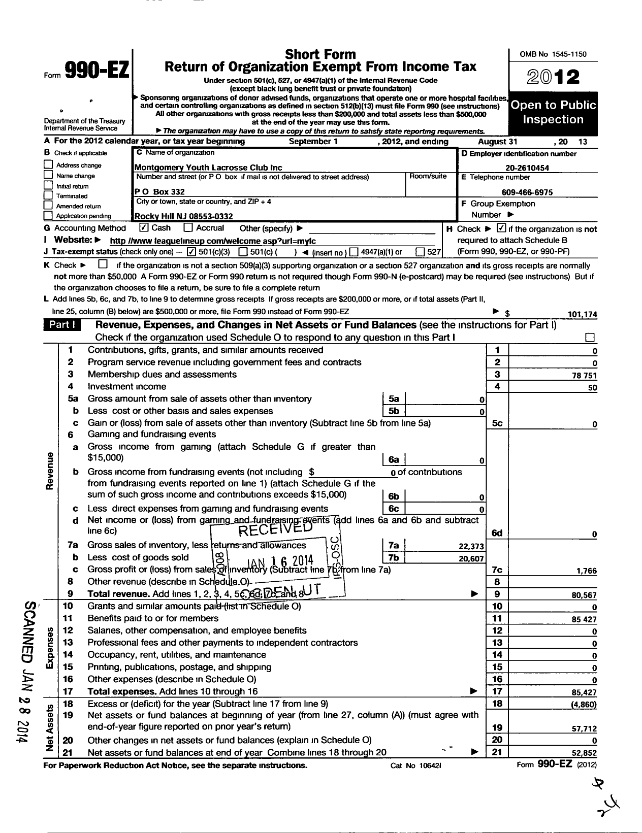 Image of first page of 2012 Form 990EZ for Montgomery Youth Lacrosse Club