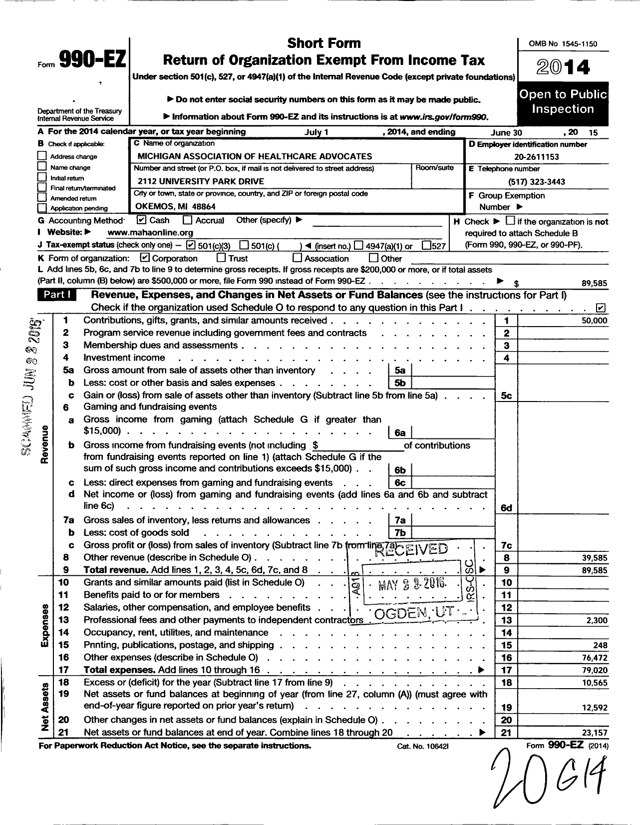 Image of first page of 2014 Form 990EZ for Michigan Association of Healthcare Advocates