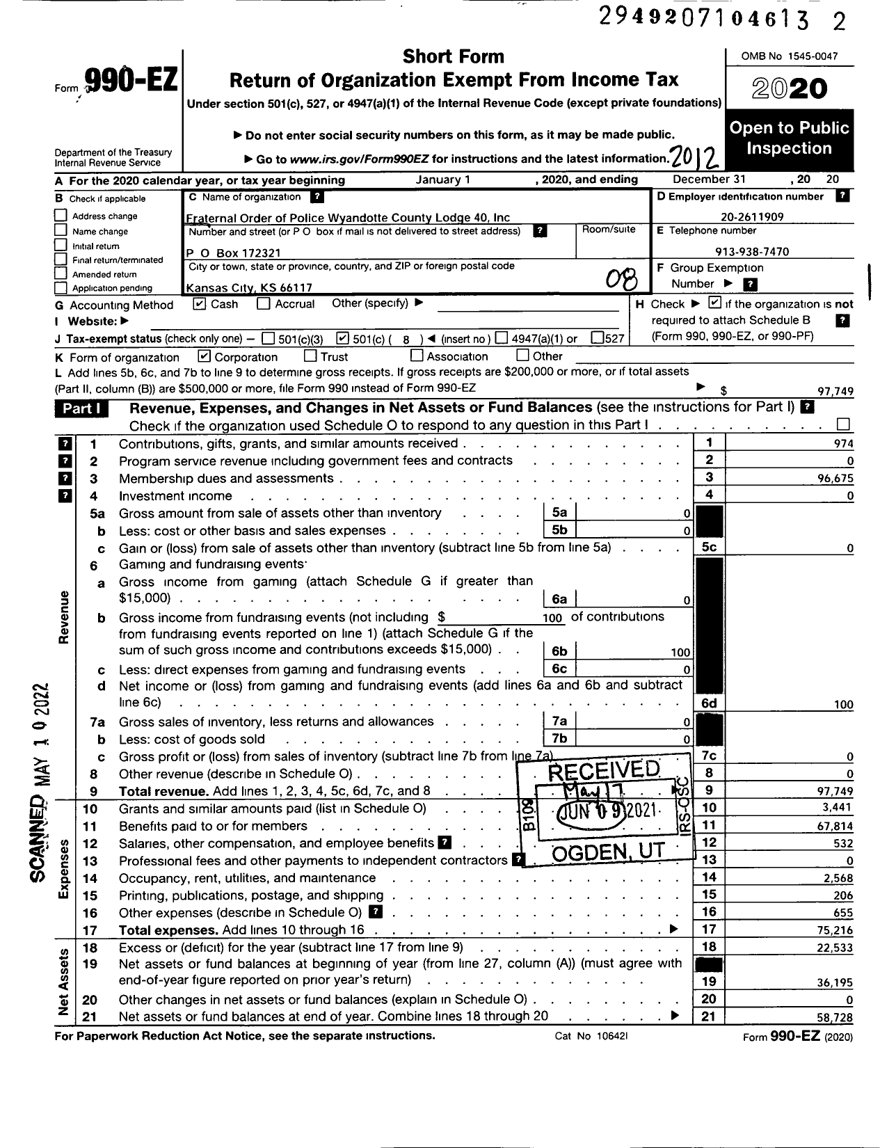 Image of first page of 2020 Form 990EO for Wyandotte County Fraternal Order of Police Lodge 40