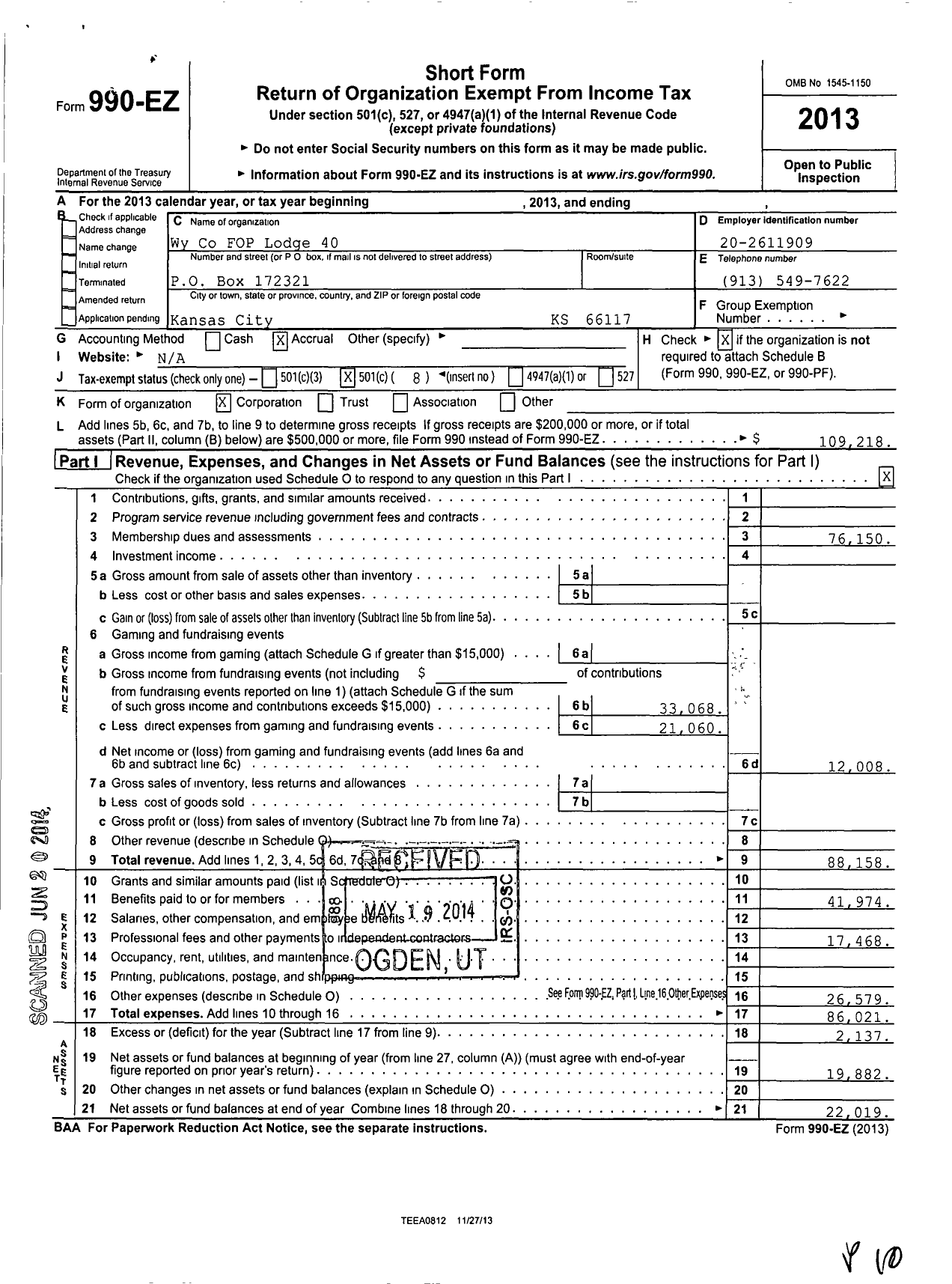 Image of first page of 2013 Form 990EO for Wyandotte County Fraternal Order of Police Lodge 40