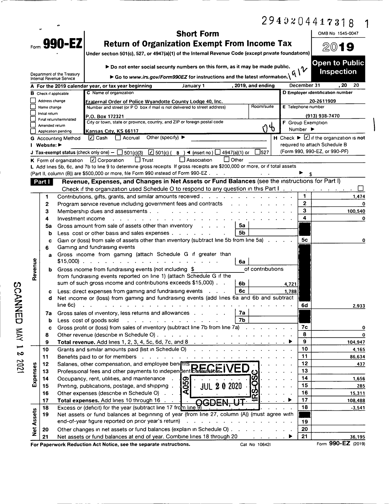 Image of first page of 2019 Form 990EO for Wyandotte County Fraternal Order of Police Lodge 40