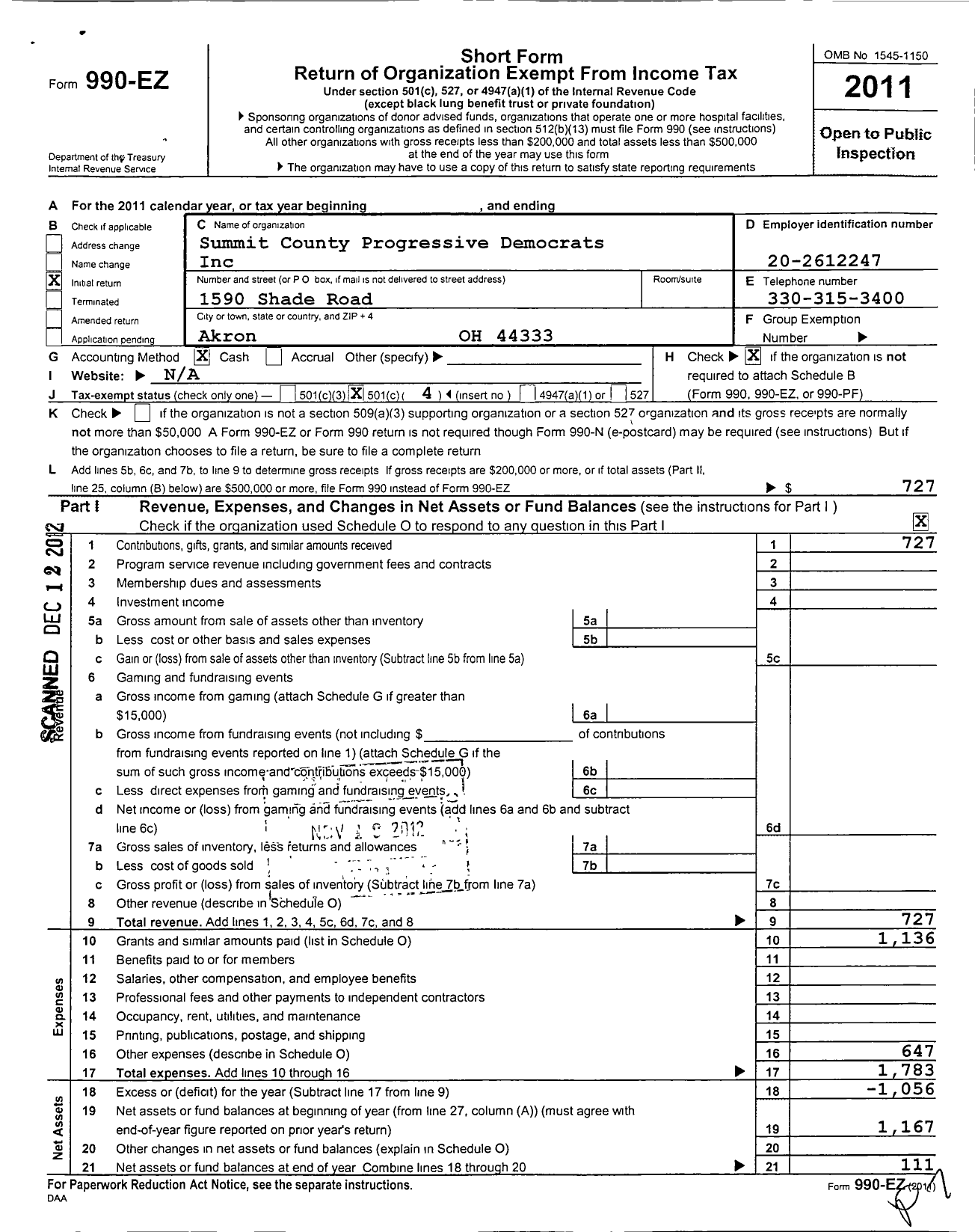 Image of first page of 2011 Form 990EO for Summit County Progressive Democrats