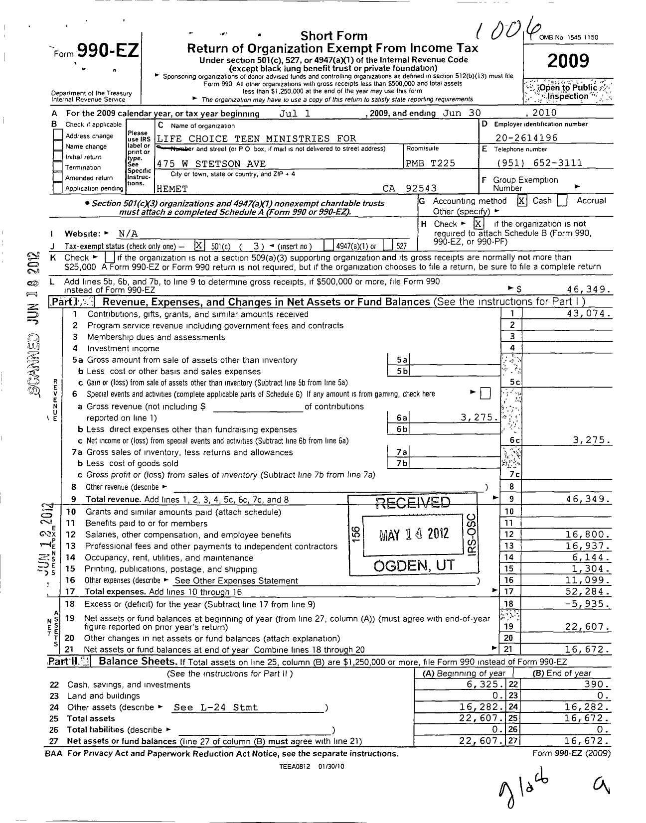 Image of first page of 2009 Form 990EZ for Life Choice Services