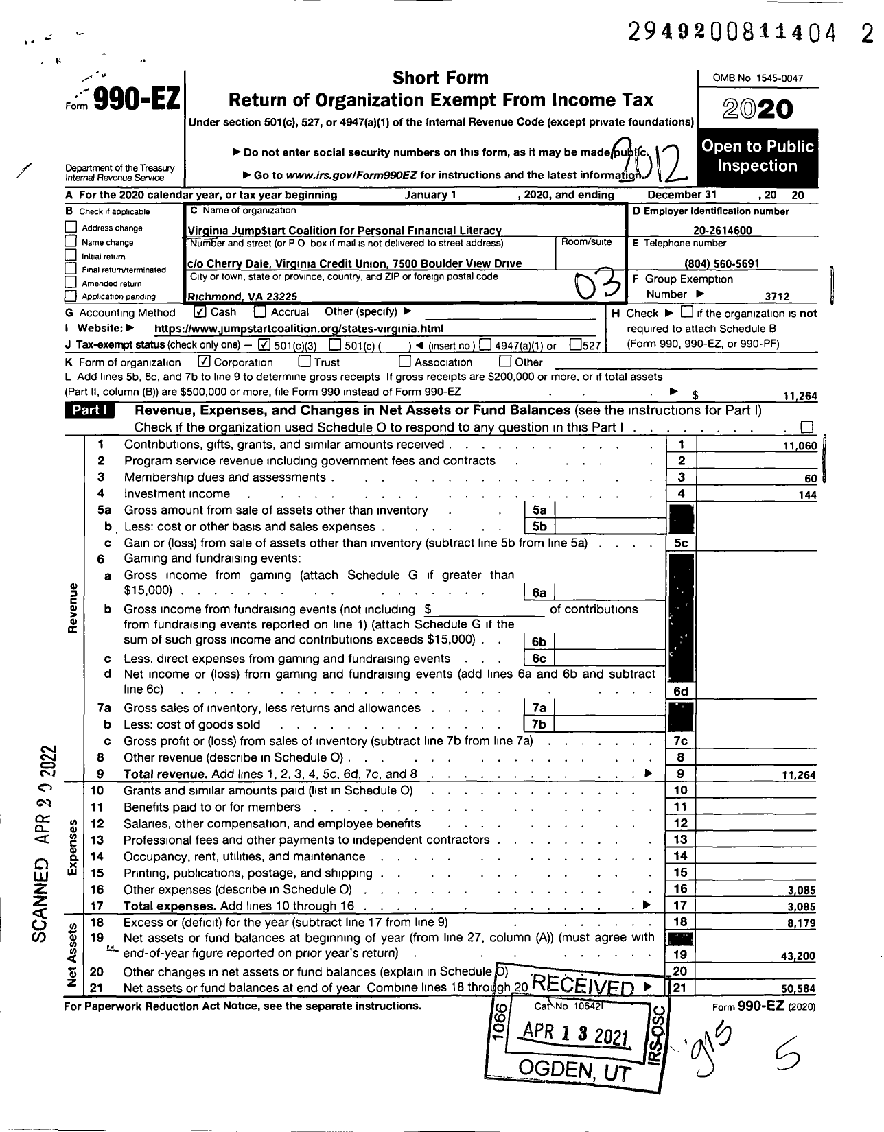 Image of first page of 2020 Form 990EZ for Virginia Jumptart Coalition for Personal Financial Literacy