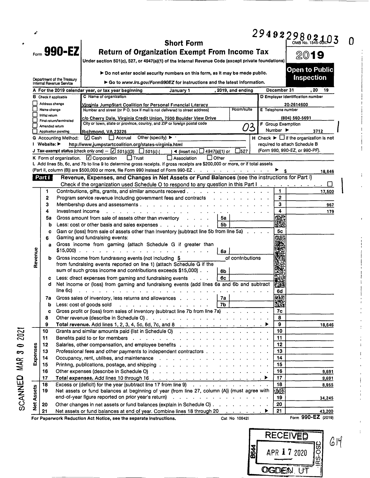 Image of first page of 2019 Form 990EZ for Virginia Jumptart Coalition for Personal Financial Literacy